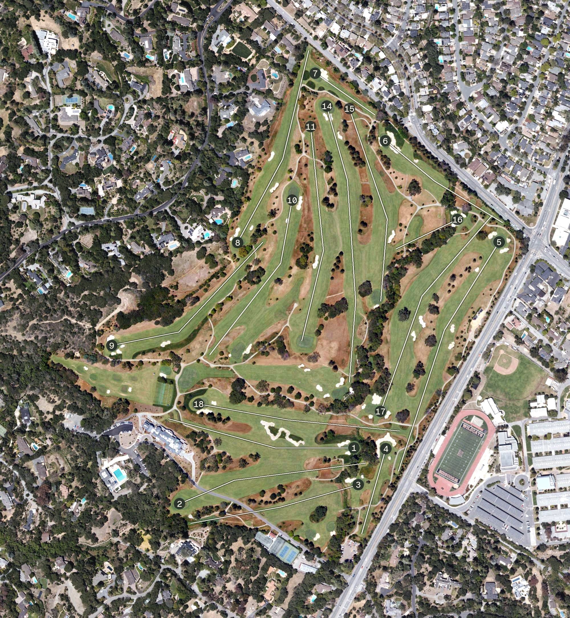 Aerial view of Menlo Country Club, CA, with its hole routing marked