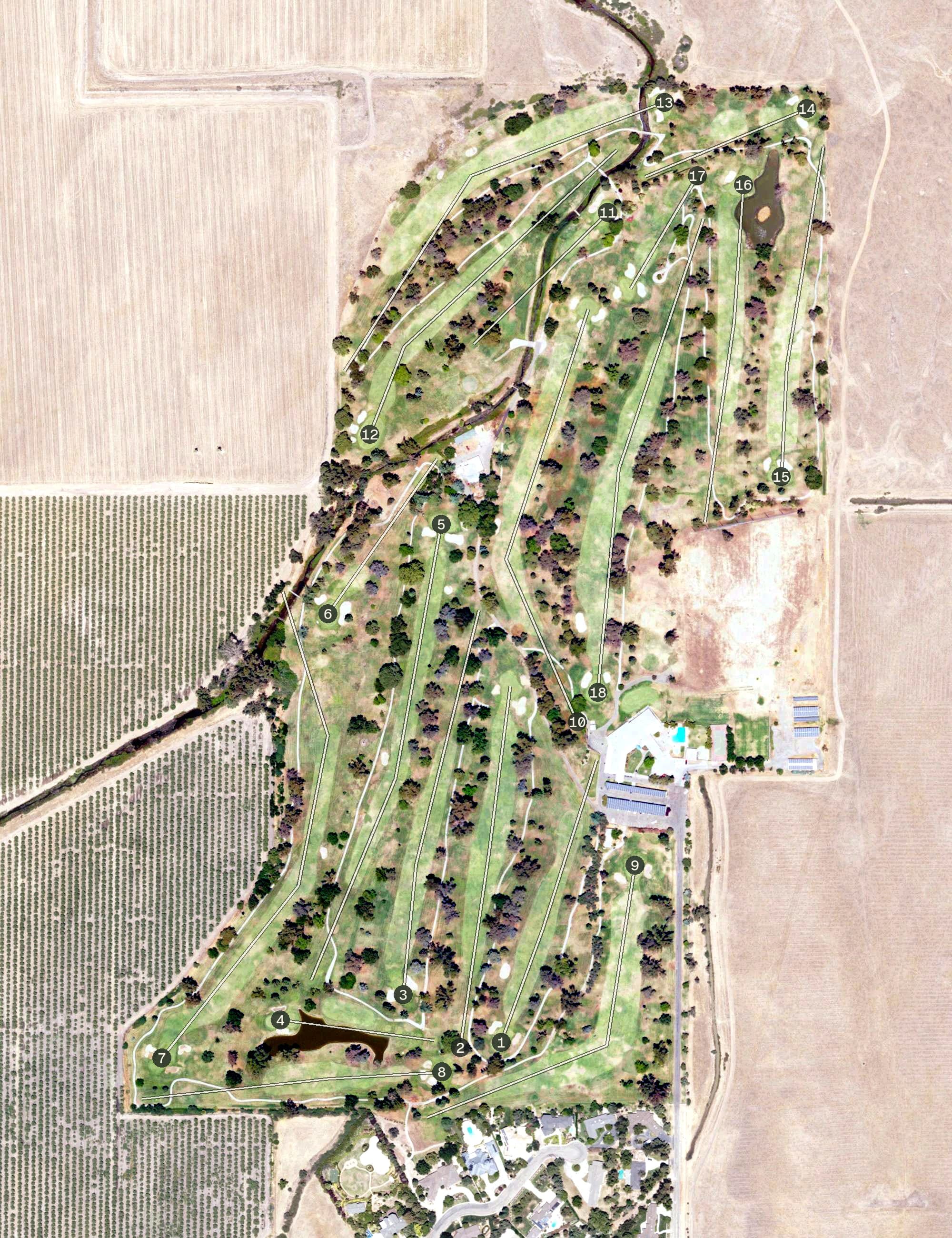 Aerial view of Merced Golf & Country Club, CA, with its hole routing marked