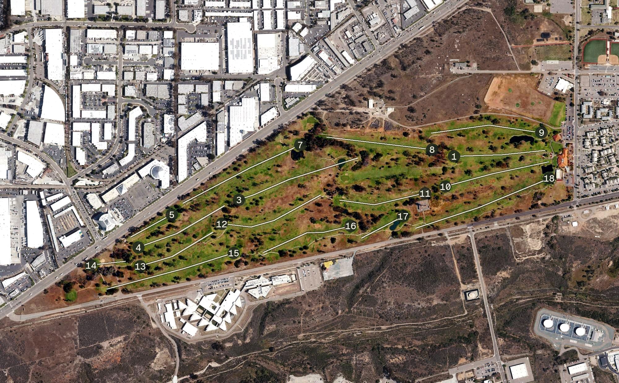 Aerial view of Miramar Memorial Golf Course, CA, with its hole routing marked