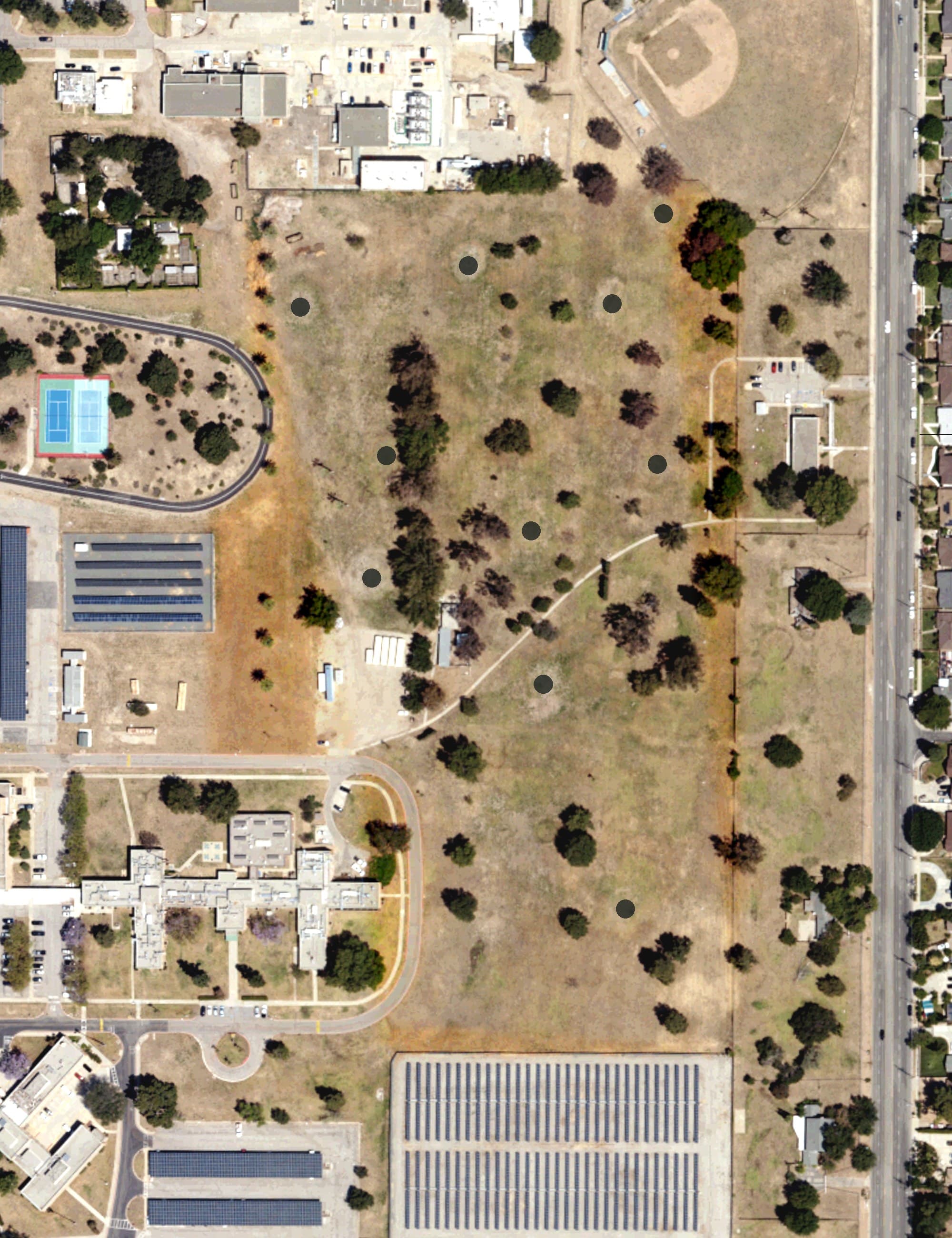 Aerial view of Mission Hills Golf Course, CA, with its hole routing marked
