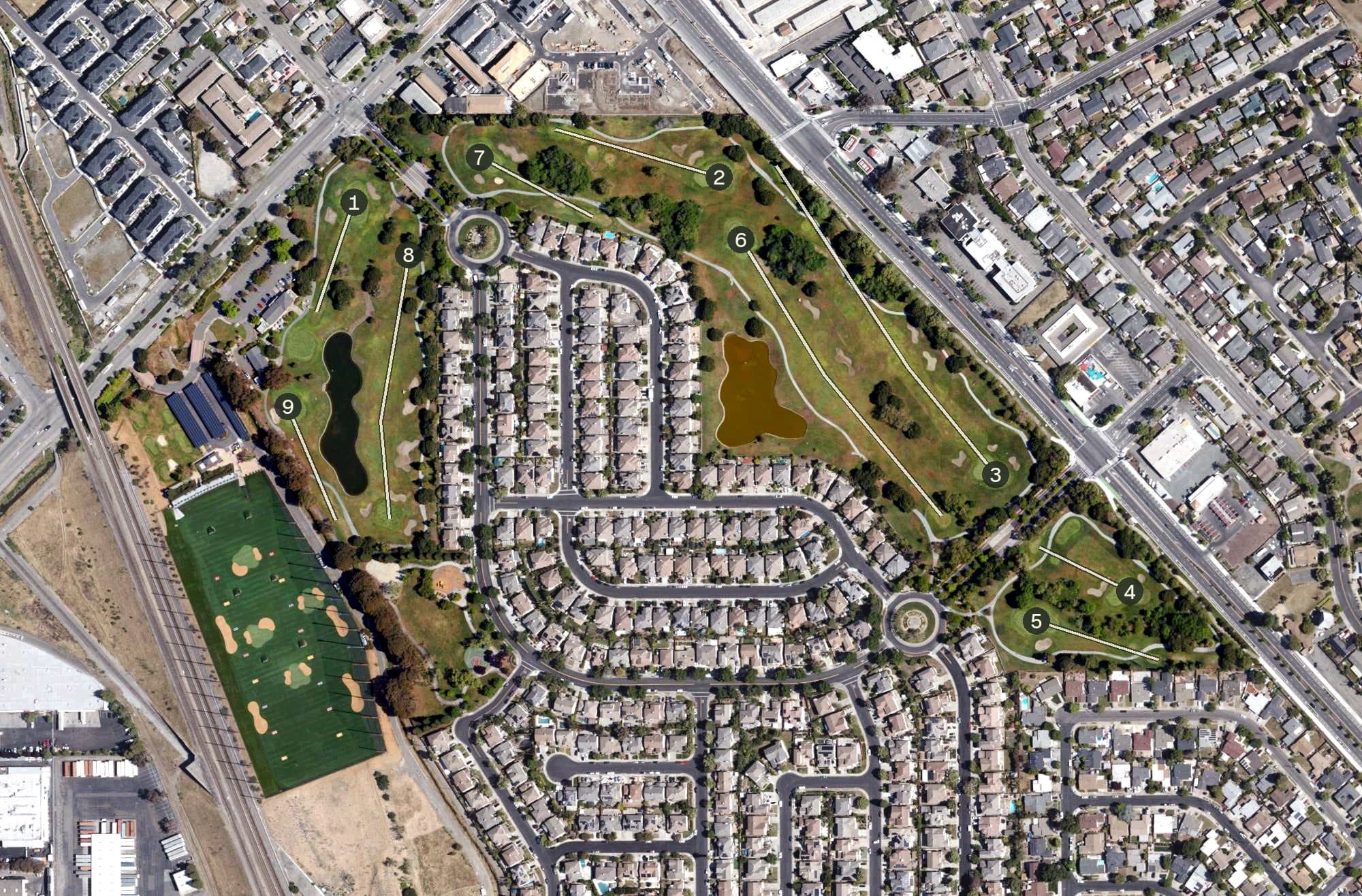 Aerial view of Mission Hills of Hayward Golf Course, CA, with its hole routing marked
