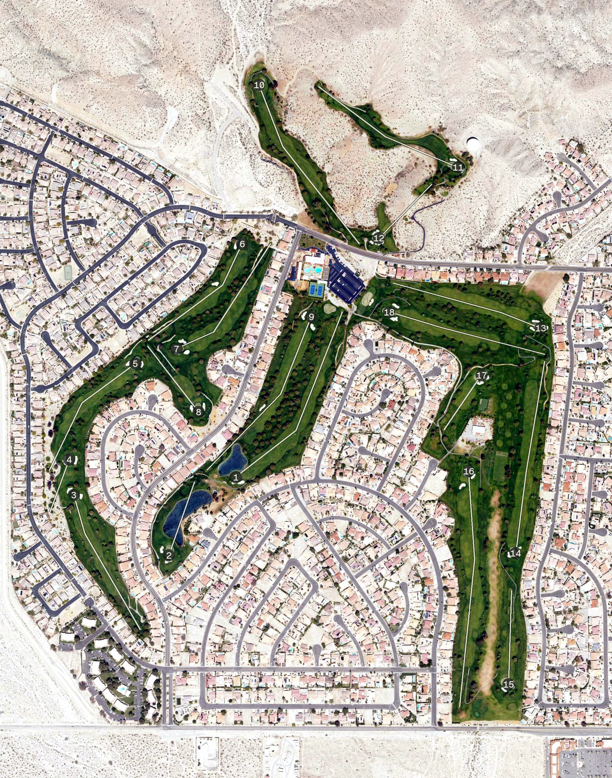 Aerial view of Mission Lakes Country Club, CA, with its hole routing marked