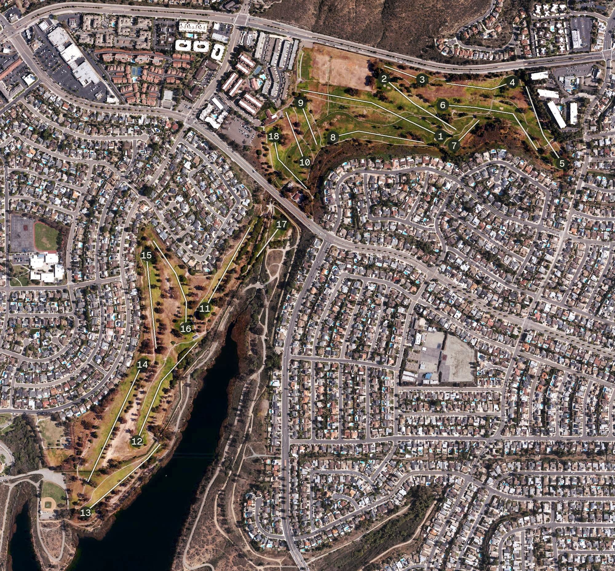 Aerial view of Mission Trails Golf Course, CA, with its hole routing marked
