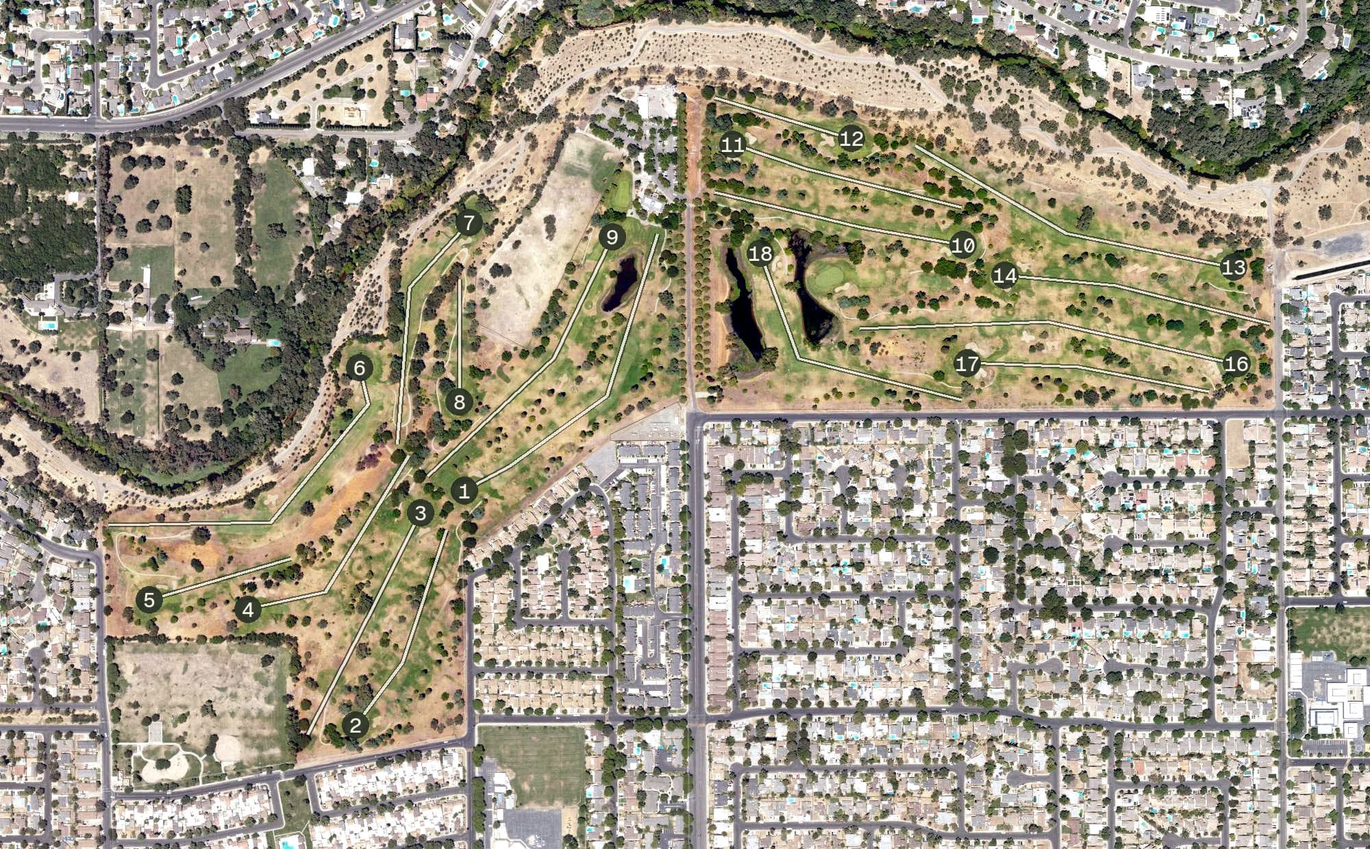 Aerial view of Modesto Creekside Golf Course, CA, with its hole routing marked