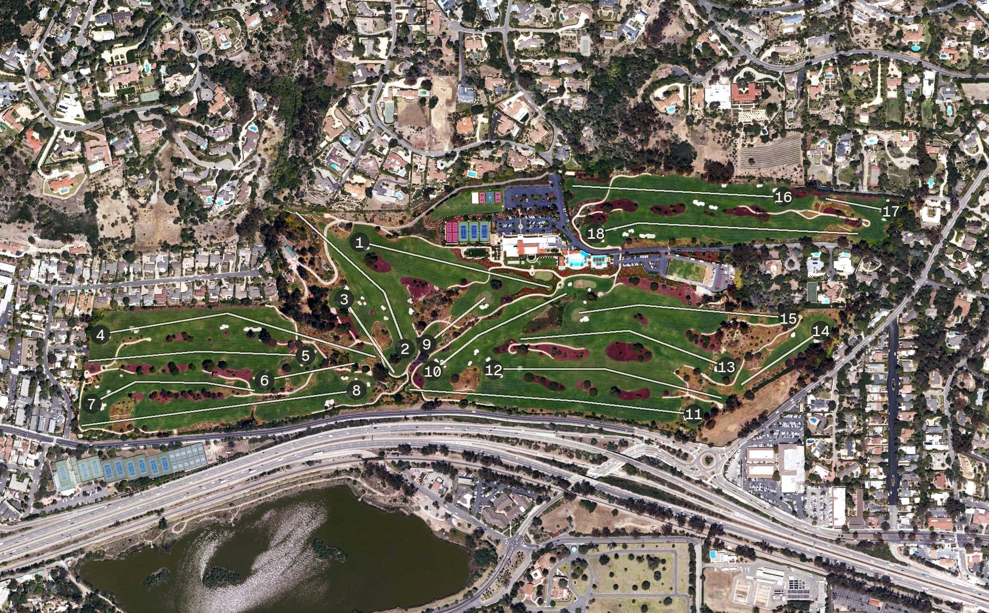 Aerial view of Montecito Country Club, CA, with its hole routing marked
