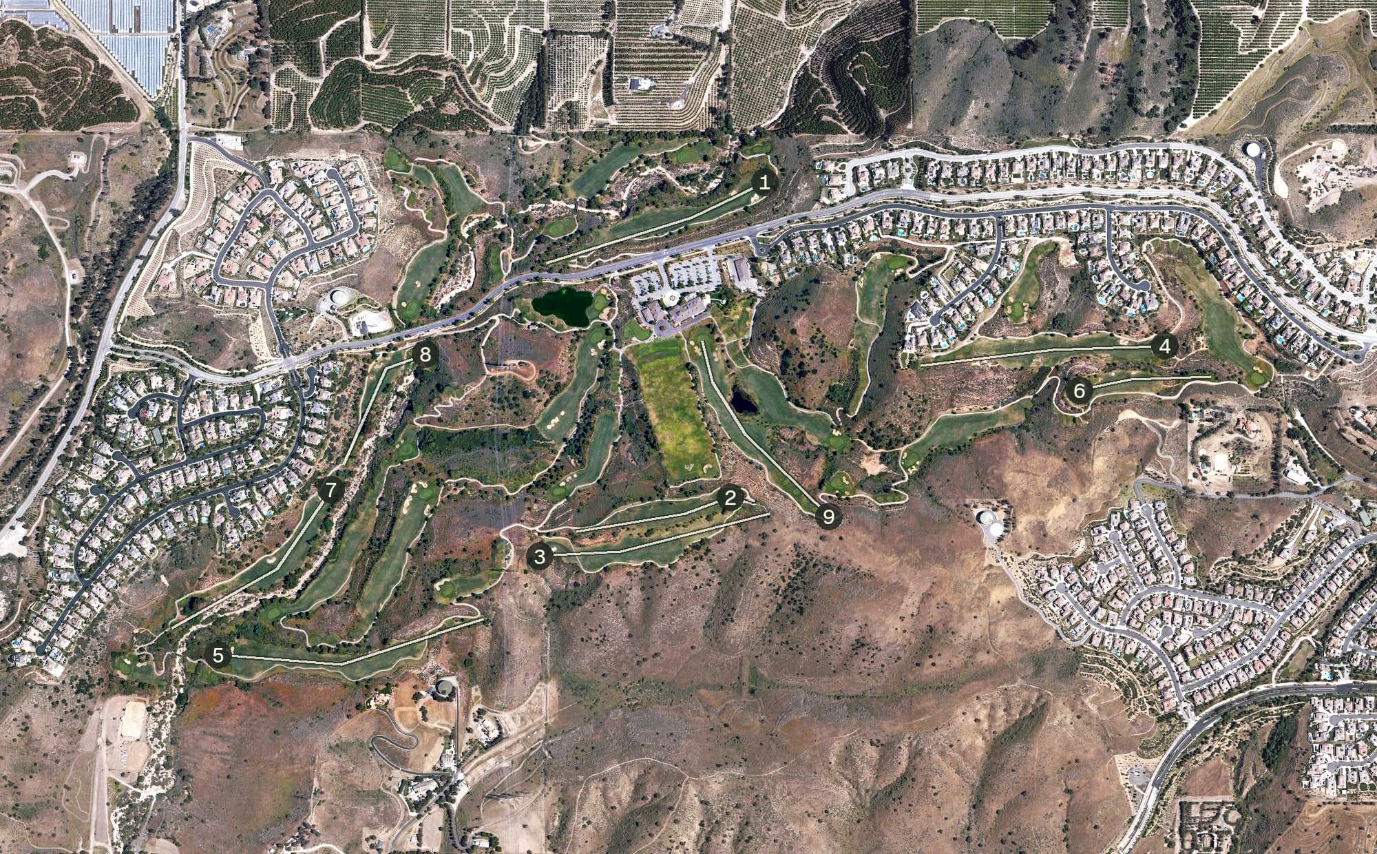 Aerial view of Moorpark Country Club, CA, with its hole routing marked
