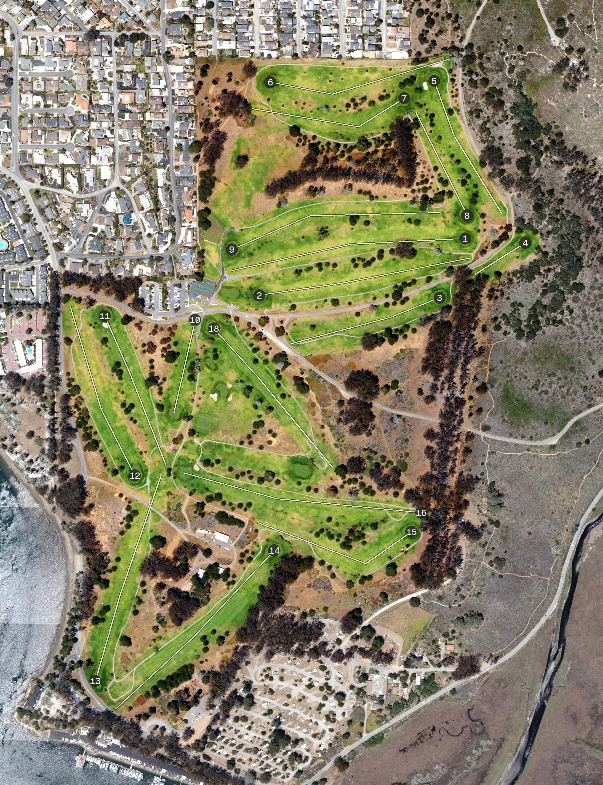 Aerial view of Morro Bay Golf Course, CA, with its hole routing marked
