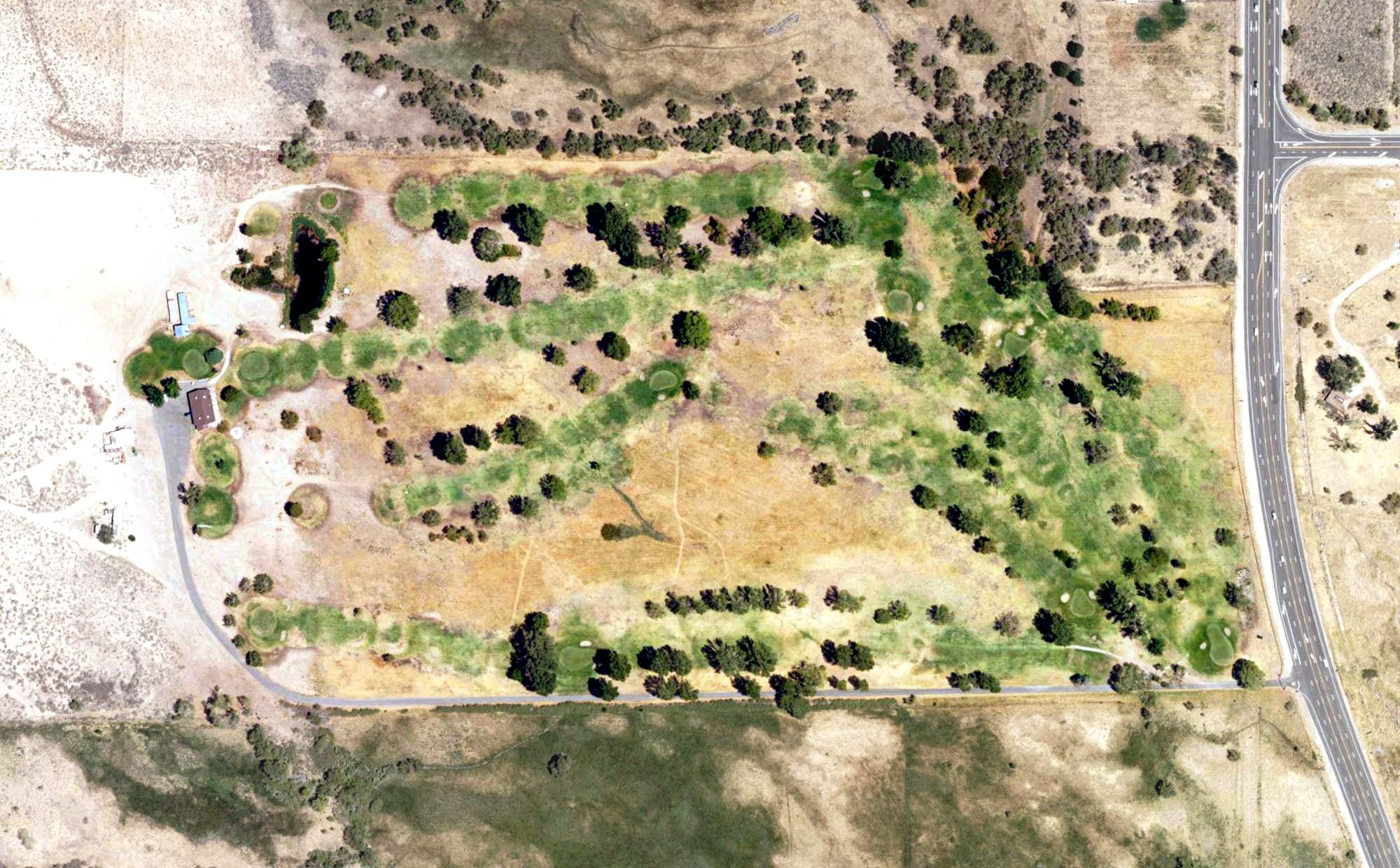 Aerial view of Mt. Whitney Golf Club, CA, with its hole routing marked