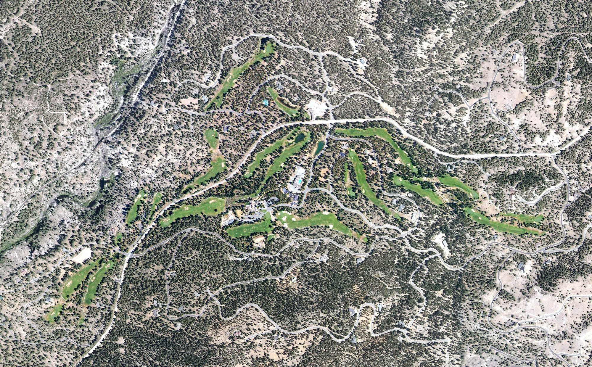 Aerial view of Nakoma Resort Golf Course, CA, with its hole routing marked