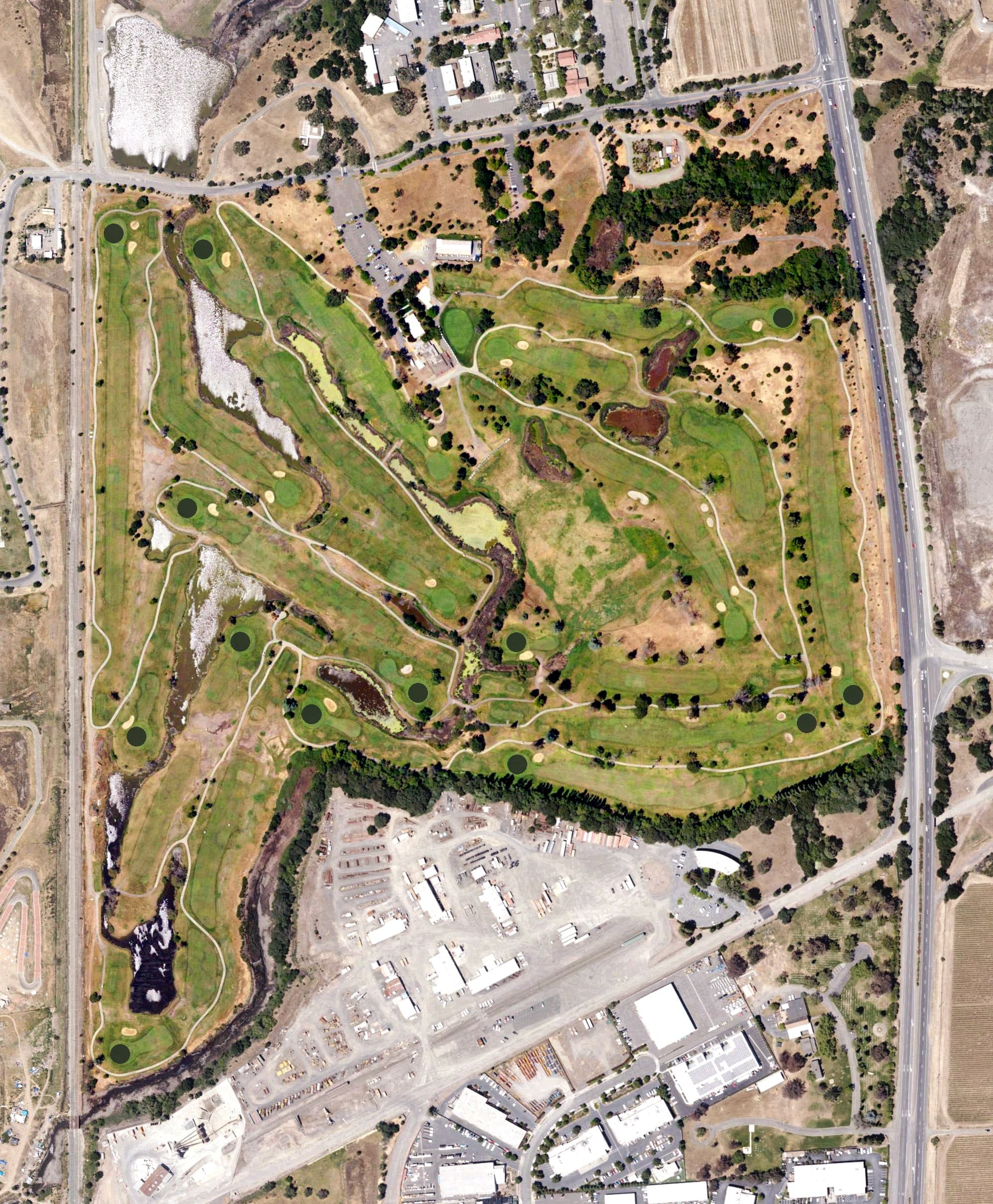 Aerial view of Napa Golf Course at Kennedy Park, CA, with its hole routing marked
