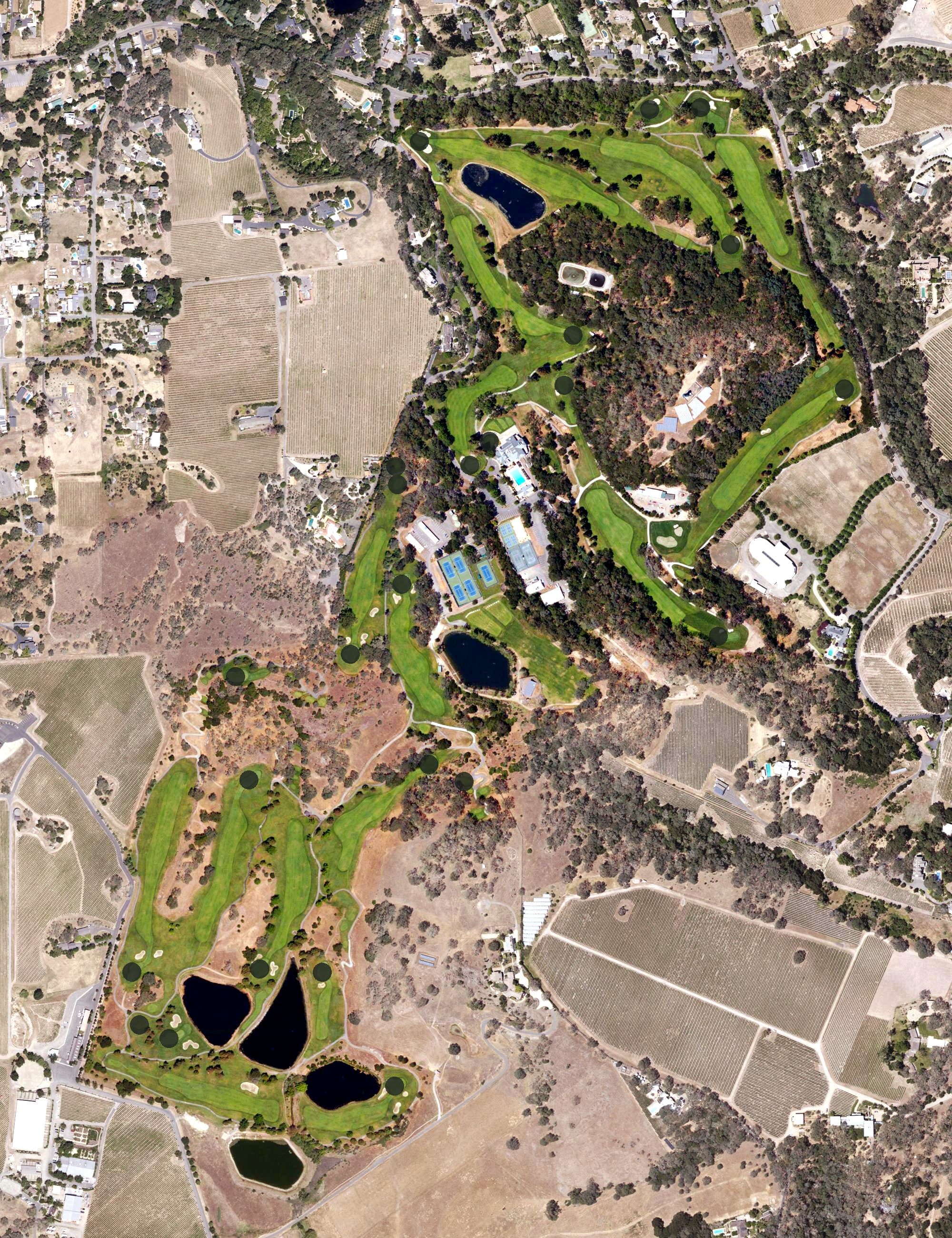 Aerial view of Napa Valley Country Club, CA, with its hole routing marked