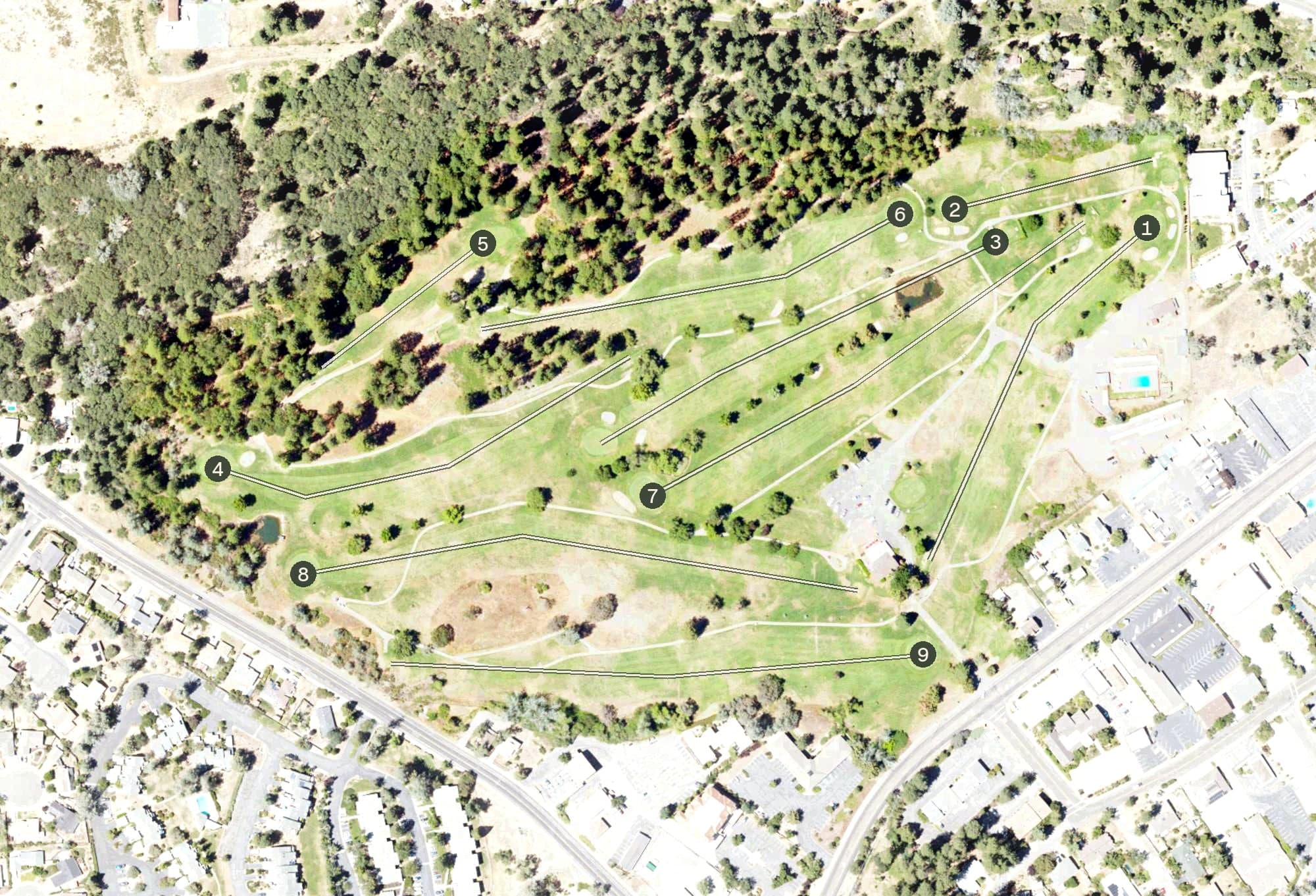 Aerial view of Nevada County Country Club, CA, with its hole routing marked