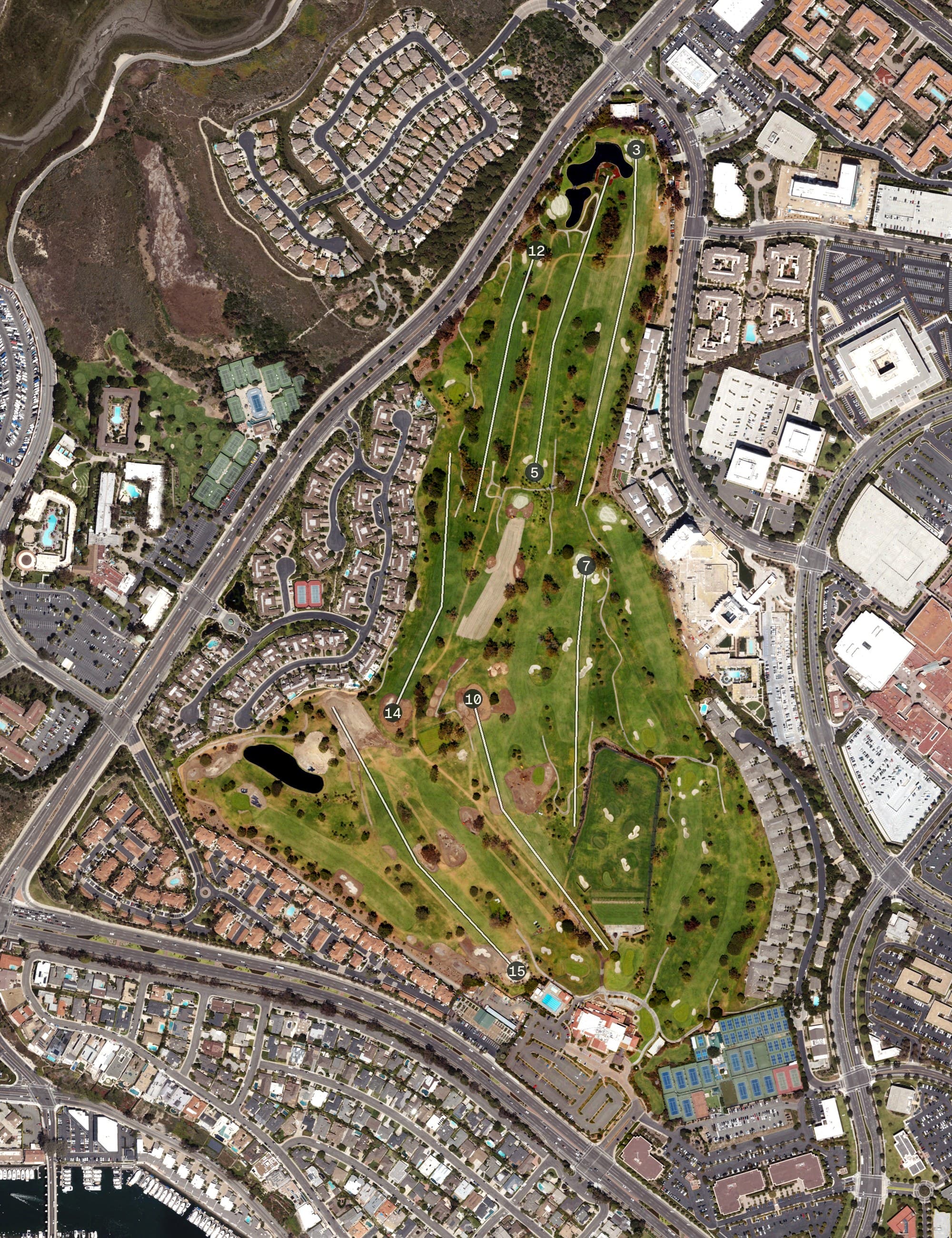 Aerial view of Newport Beach Country Club, CA, with its hole routing marked