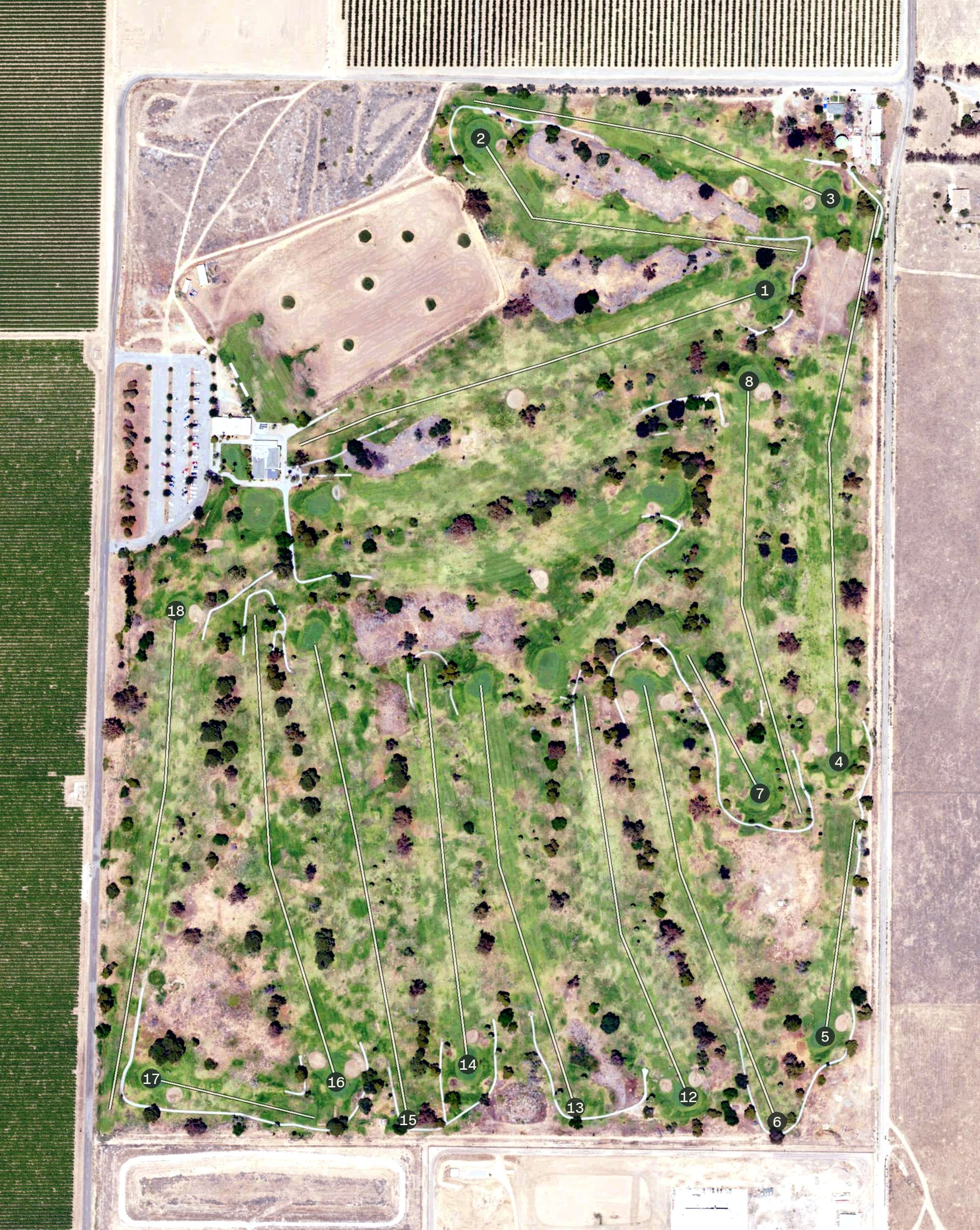 Aerial view of North Kern Golf Course, CA, with its hole routing marked