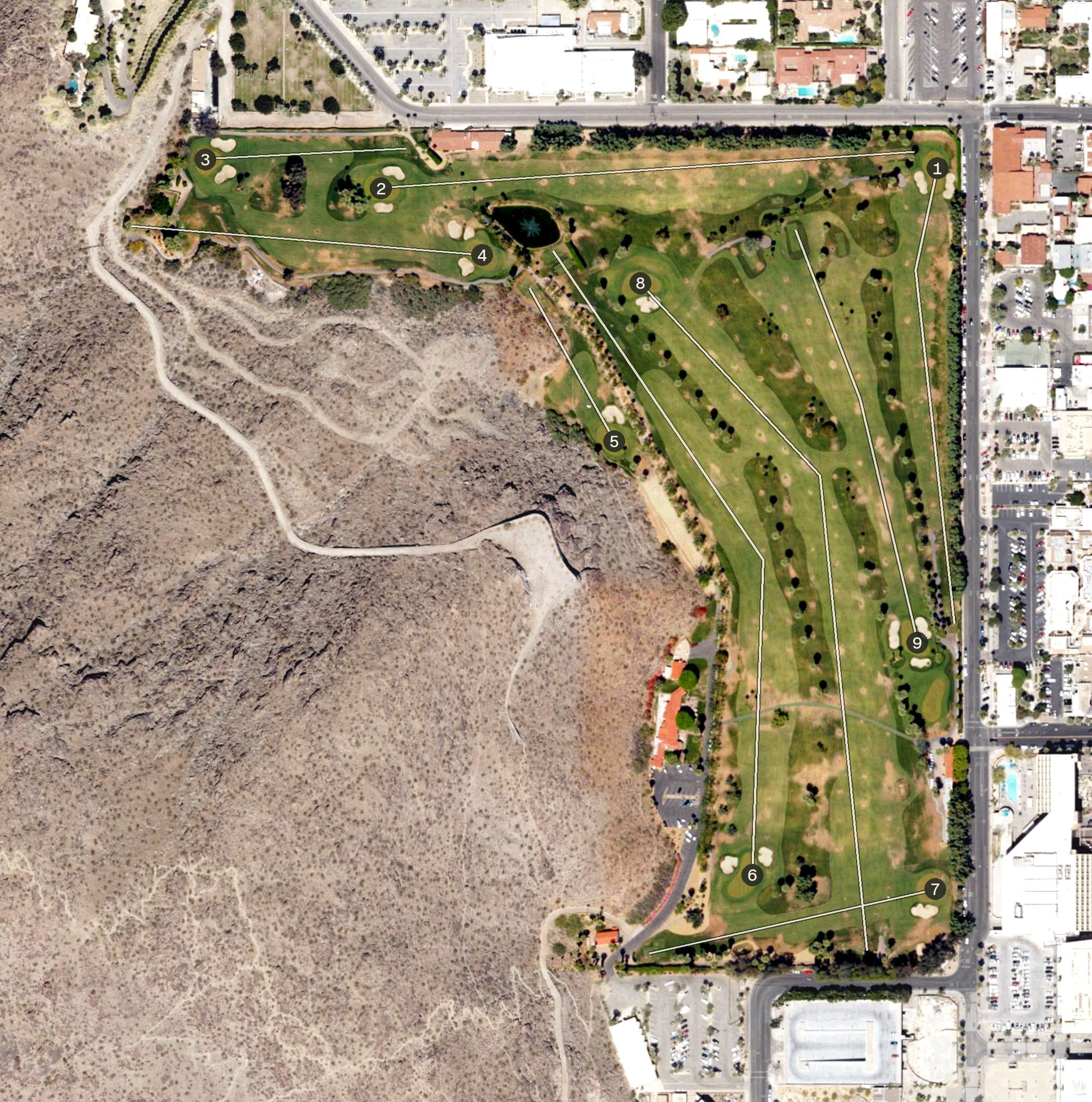 Aerial view of O'Donnell Golf Club, CA, with its hole routing marked