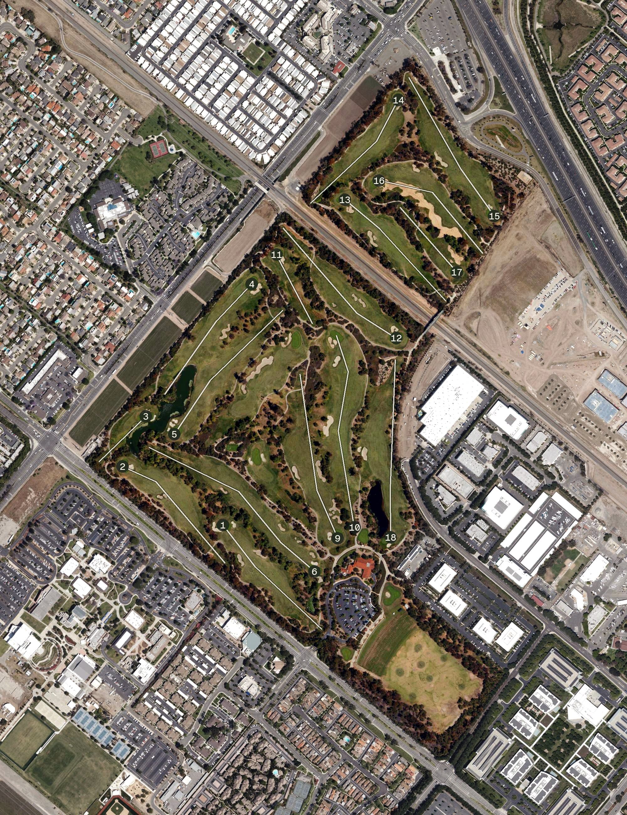 Aerial view of Oak Creek Golf Course (Irvine), CA, with its hole routing marked