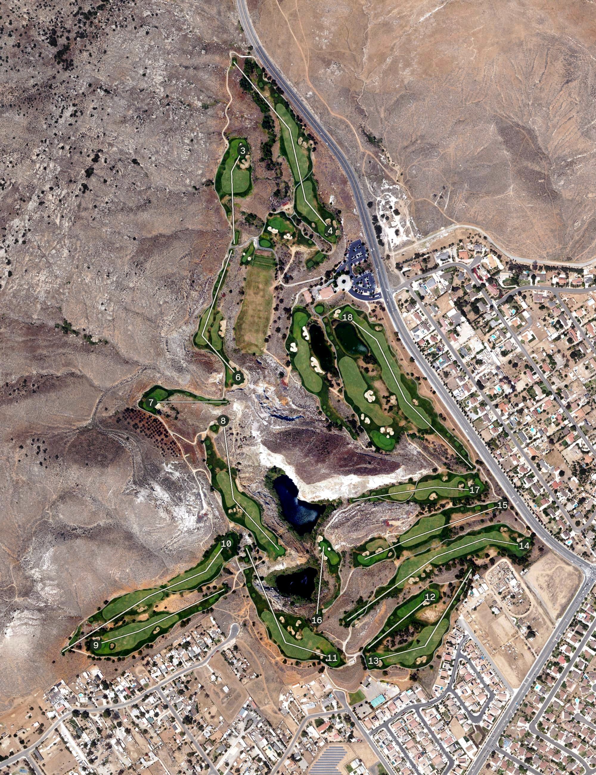 Aerial view of Oak Quarry Golf Club, CA, with its hole routing marked
