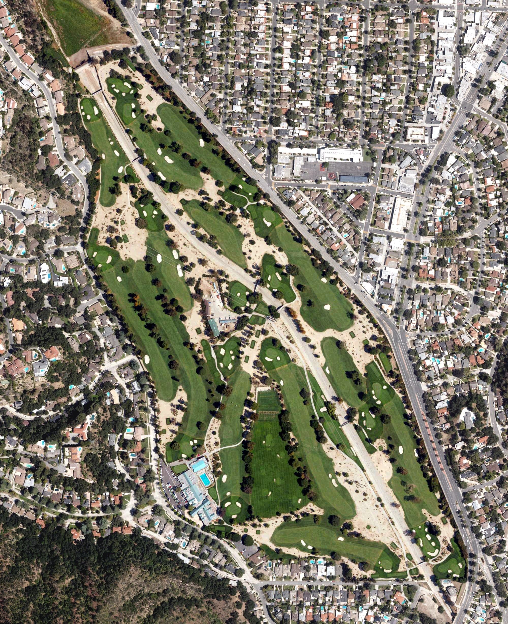 Aerial view of Oakmont Country Club, CA, with its hole routing marked