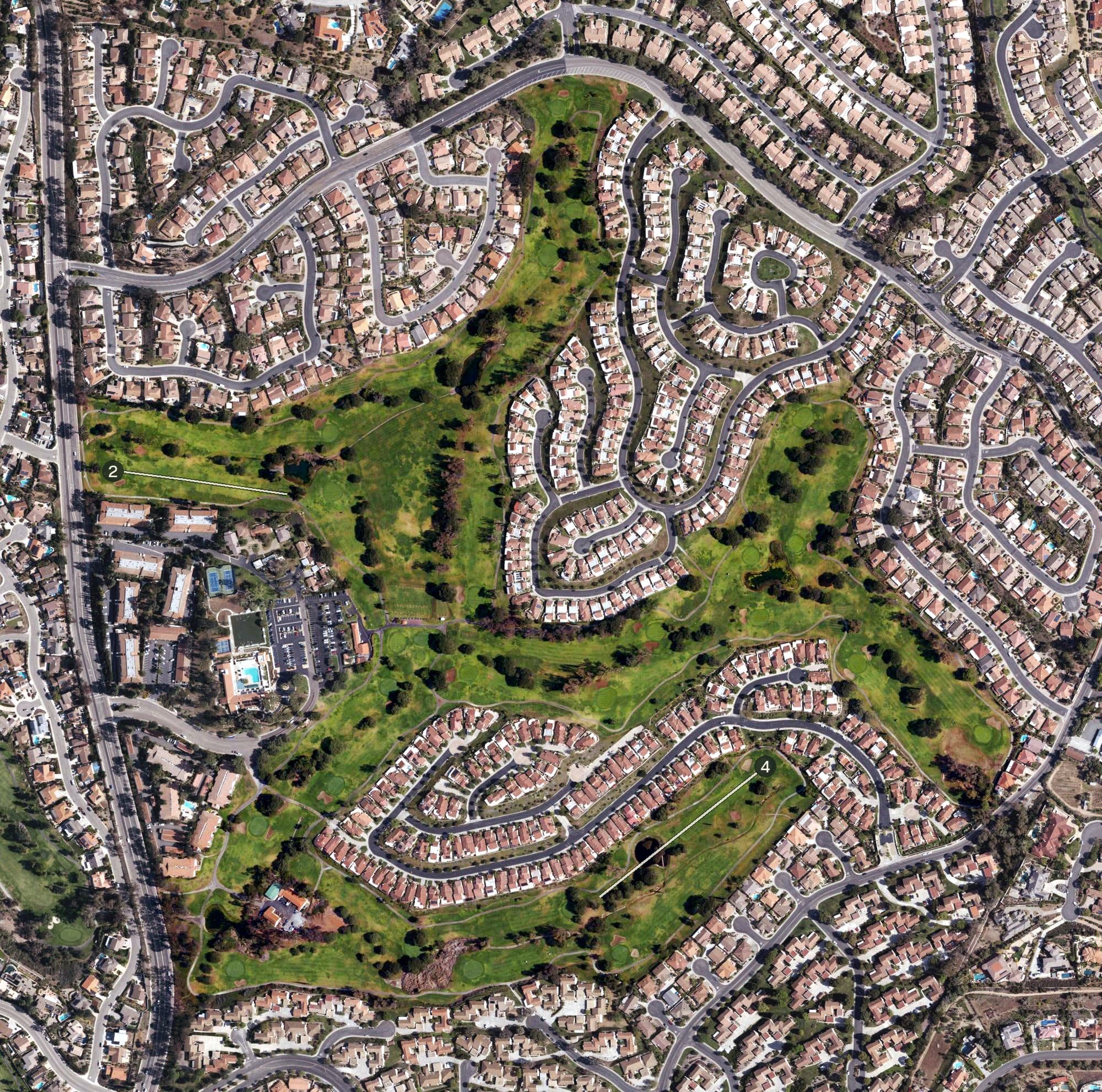 Aerial view of Oaks North Golf Course, CA, with its hole routing marked