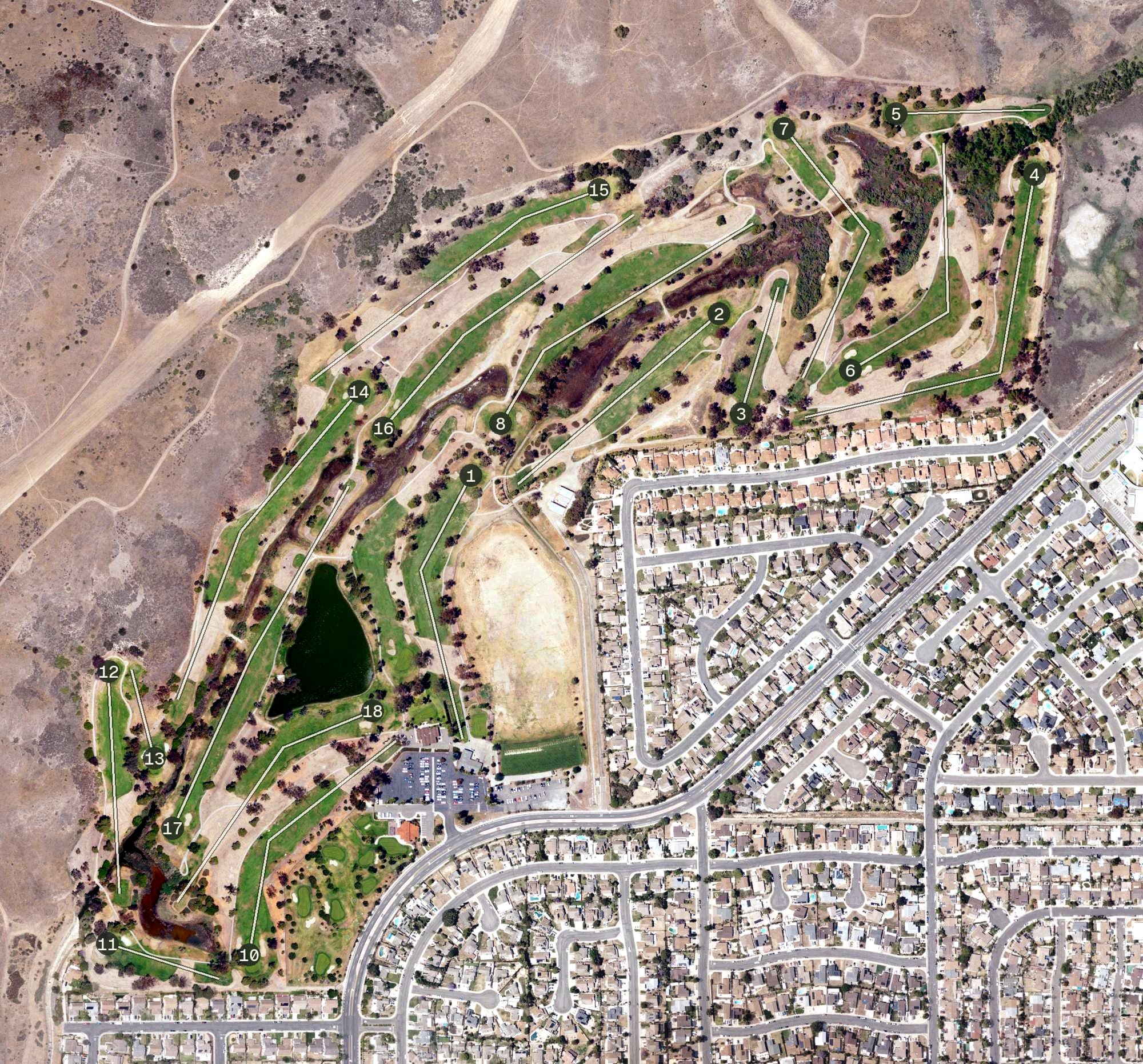 Aerial view of Oceanside Municipal Golf Course, CA, with its hole routing marked