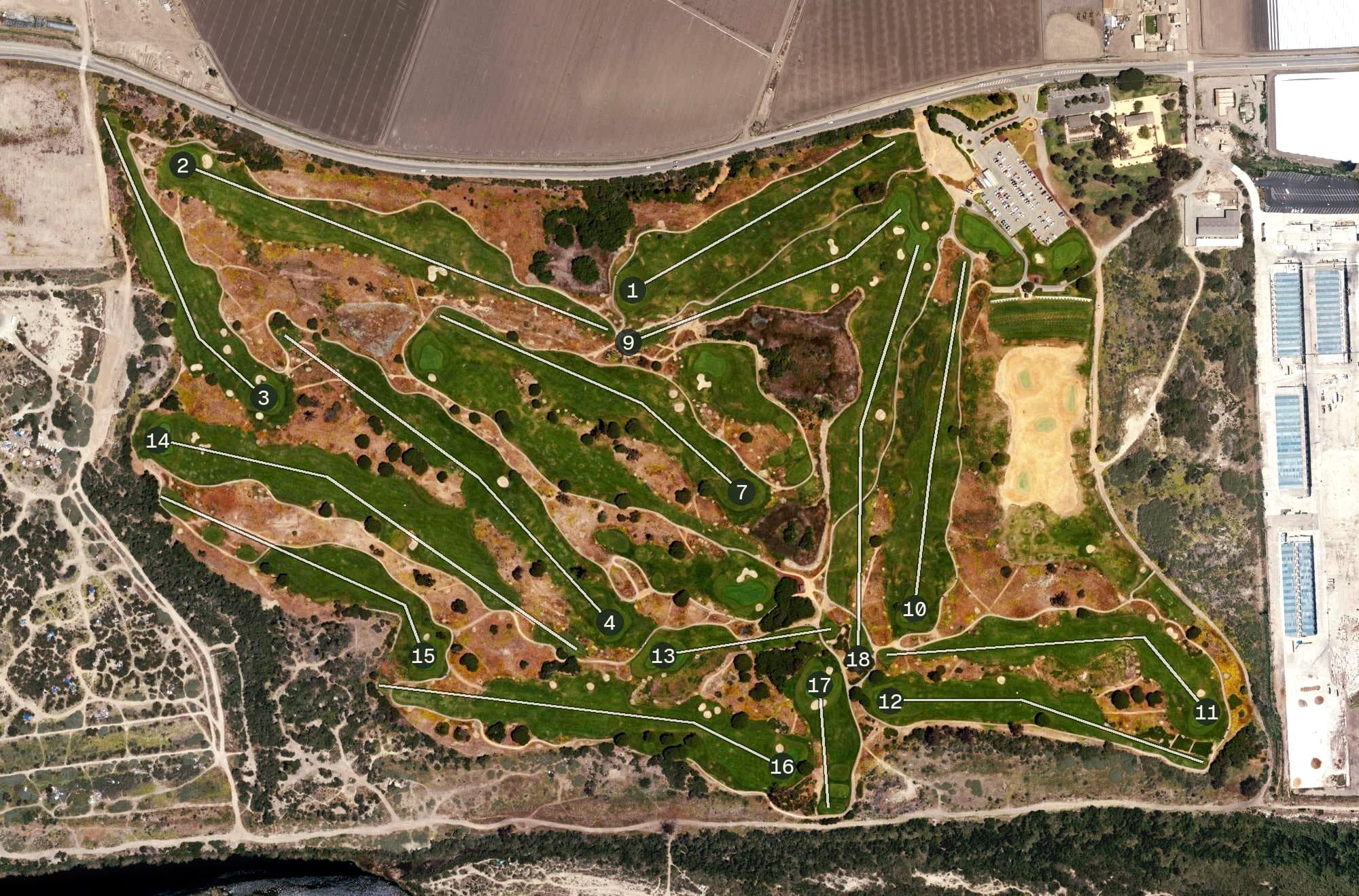 Aerial view of Olivas Park Golf Course, CA, with its hole routing marked