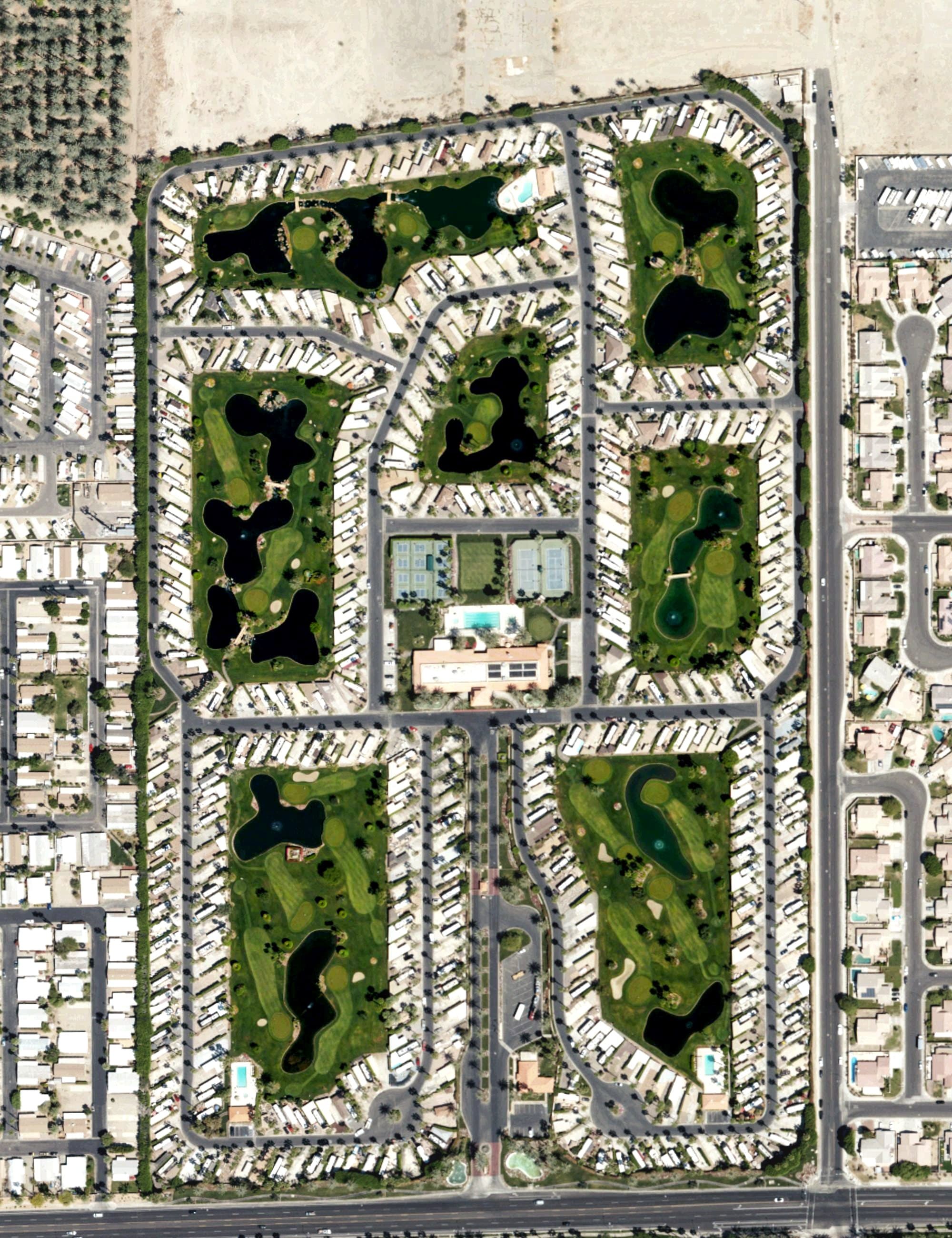 Aerial view of Outdoor Resort Indio, CA, with its hole routing marked