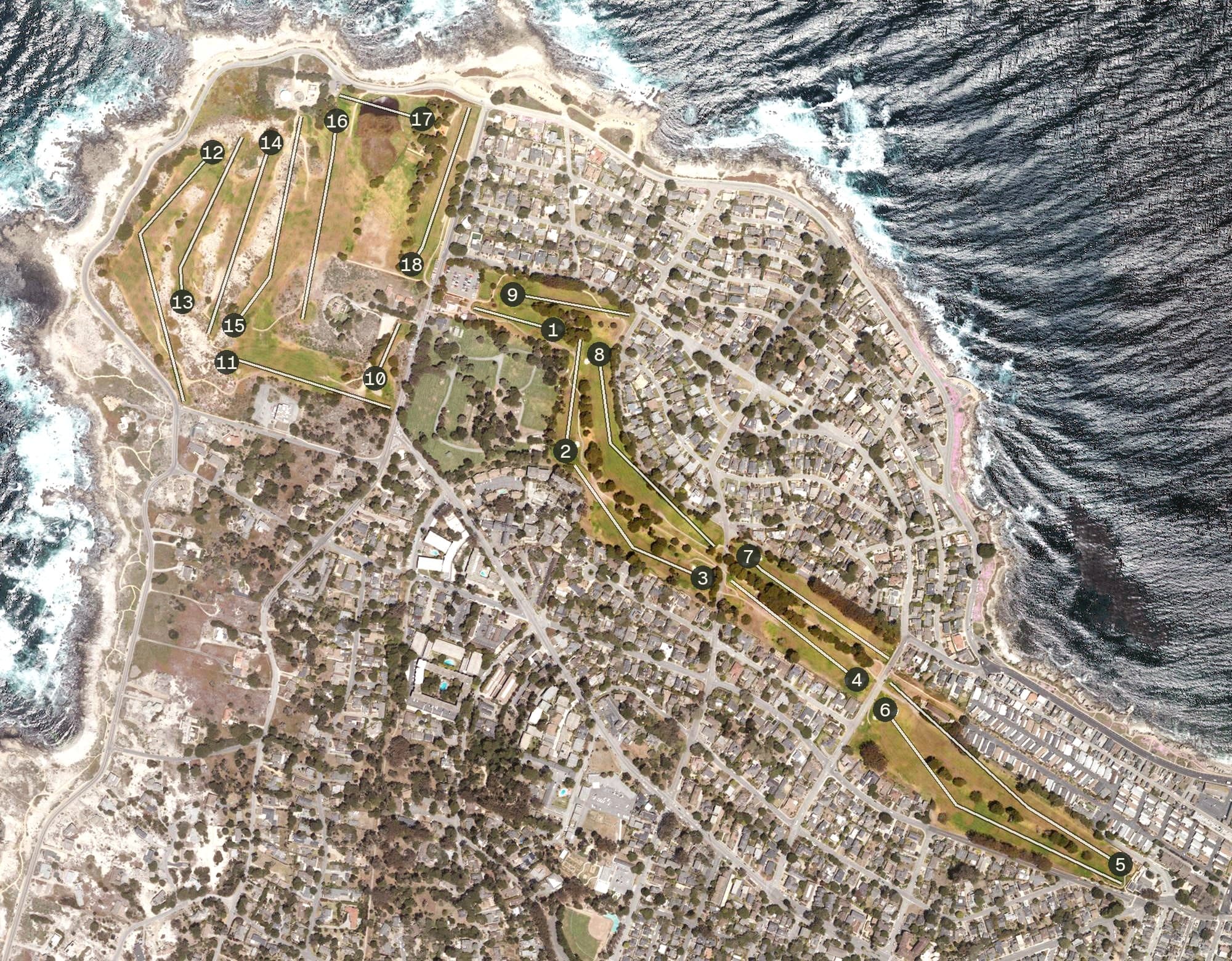 Aerial view of Pacific Grove Golf Links, CA, with its hole routing marked