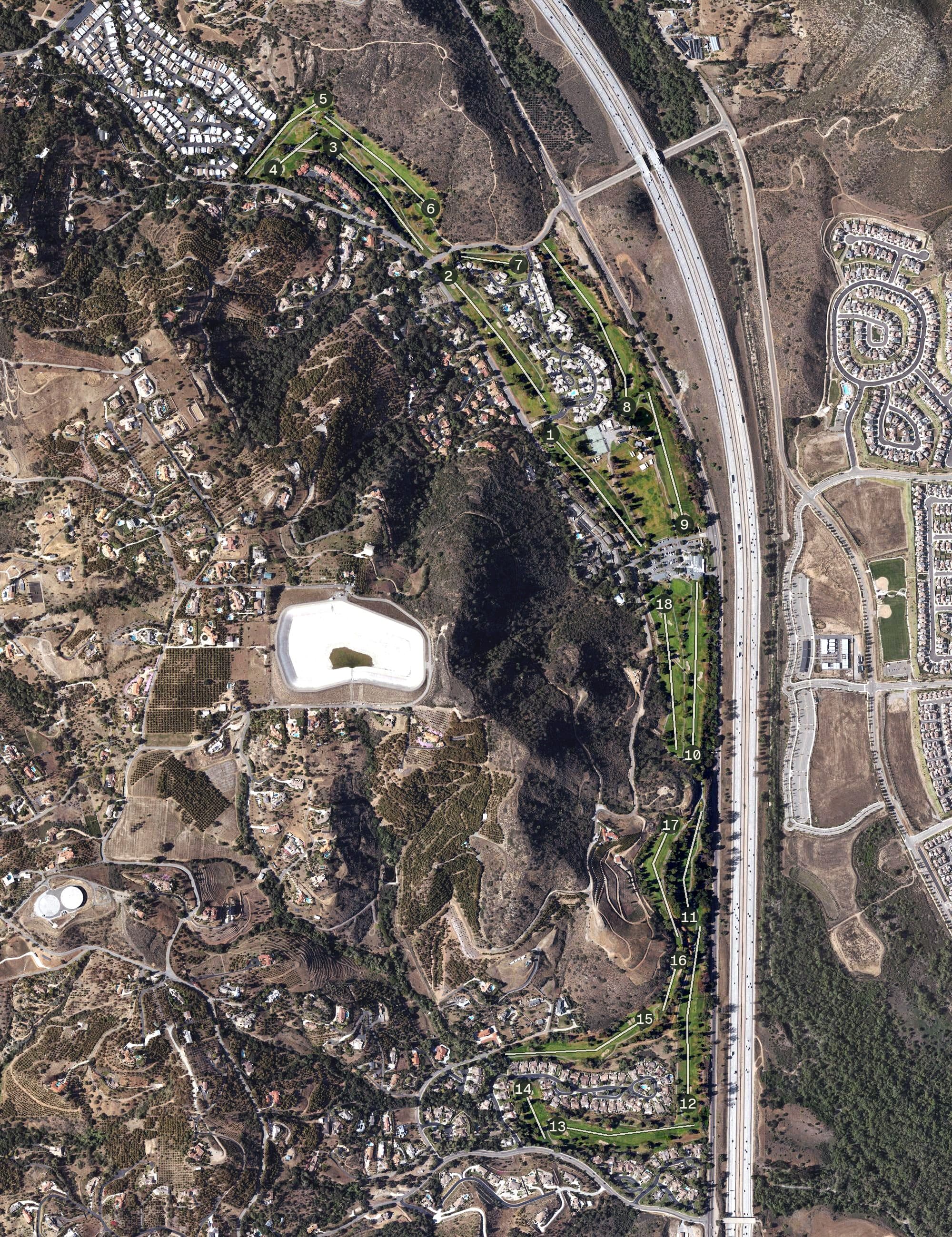 Aerial view of Pala Mesa Golf Course, CA, with its hole routing marked