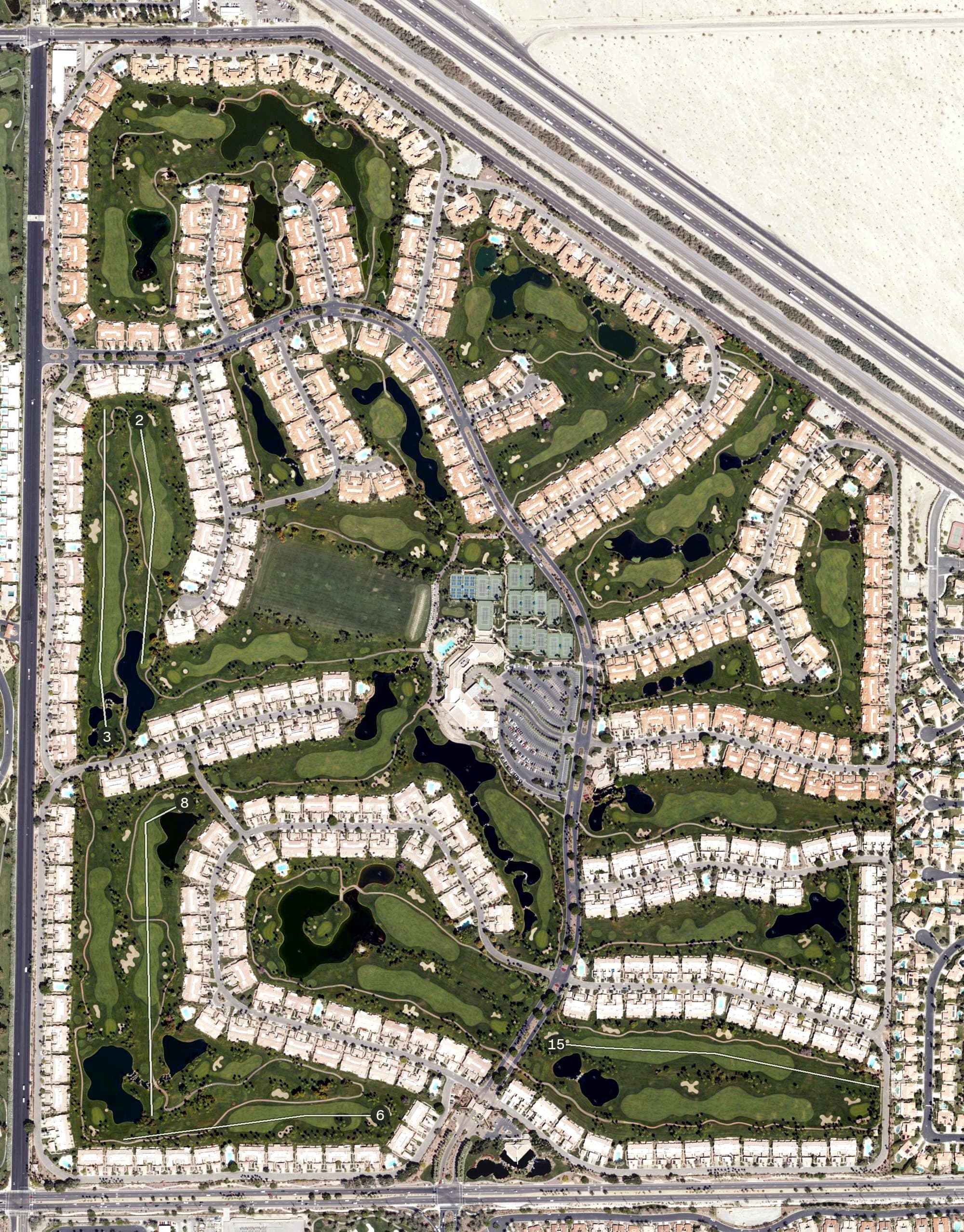 Aerial view of Palm Valley Country Club, CA, with its hole routing marked