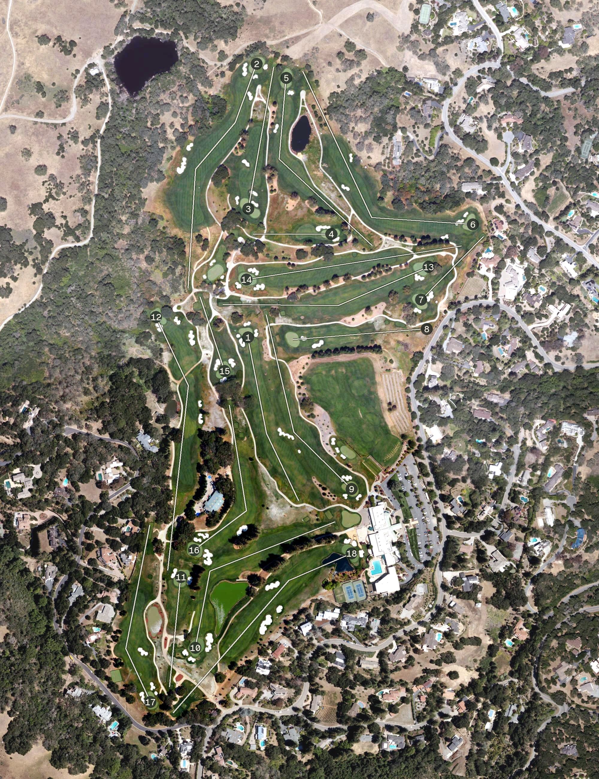 Aerial view of Palo Alto Hills Golf Course and Country Club, CA, with its hole routing marked