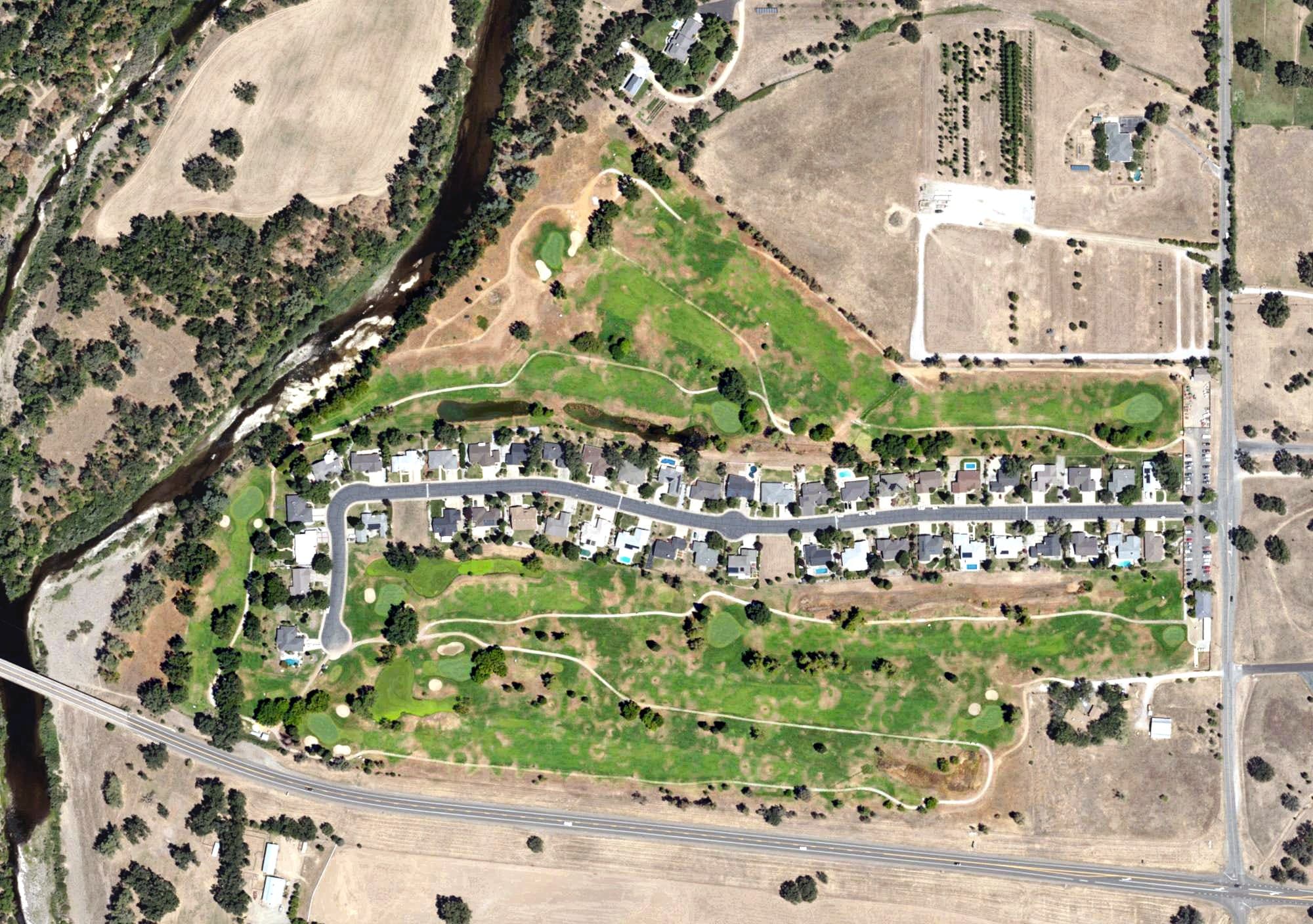 Aerial view of Palo Cedro Golf Course, CA, with its hole routing marked
