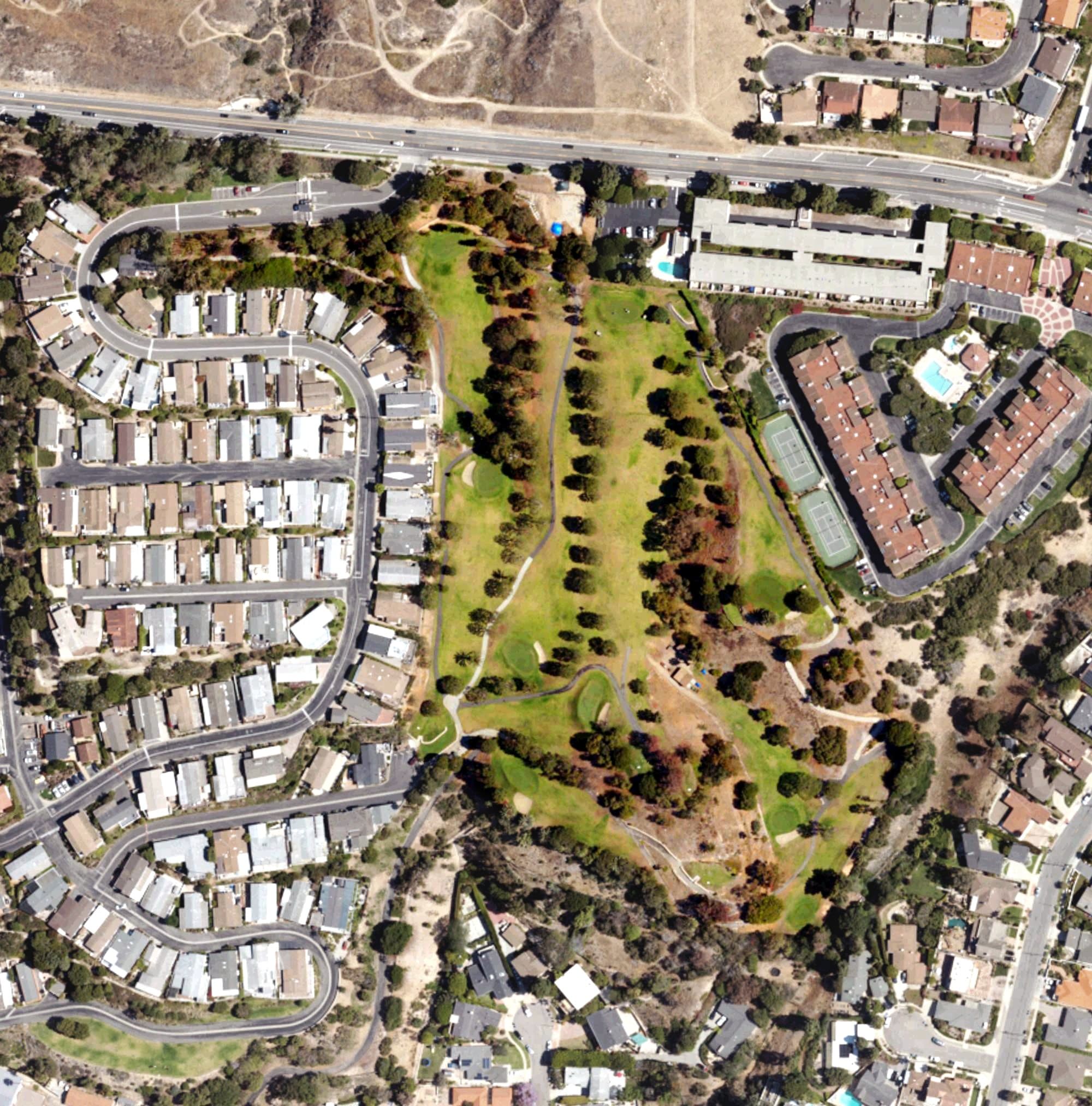 Aerial view of Palos Verdes Shores Golf Course, CA, with its hole routing marked