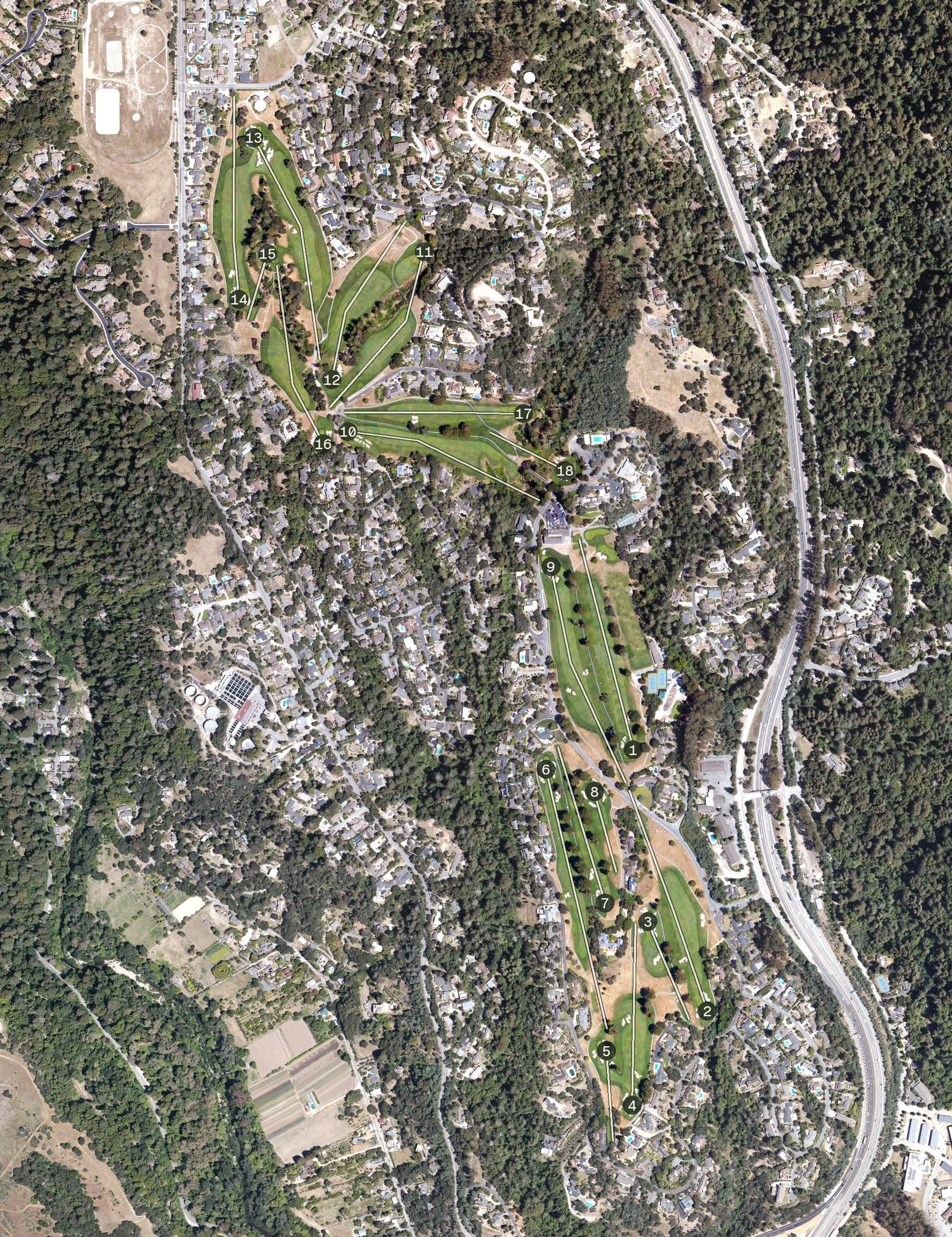 Aerial view of Pasatiempo Golf Course, CA, with its hole routing marked