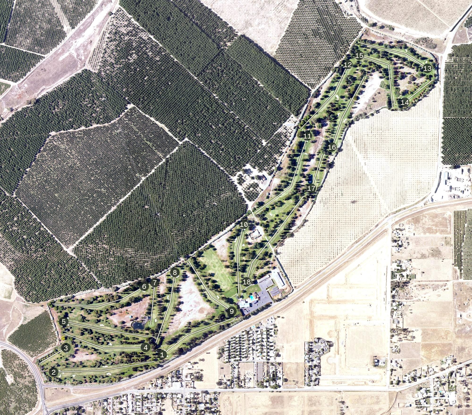 Aerial view of Peach Tree Golf & Country Club, CA, with its hole routing marked
