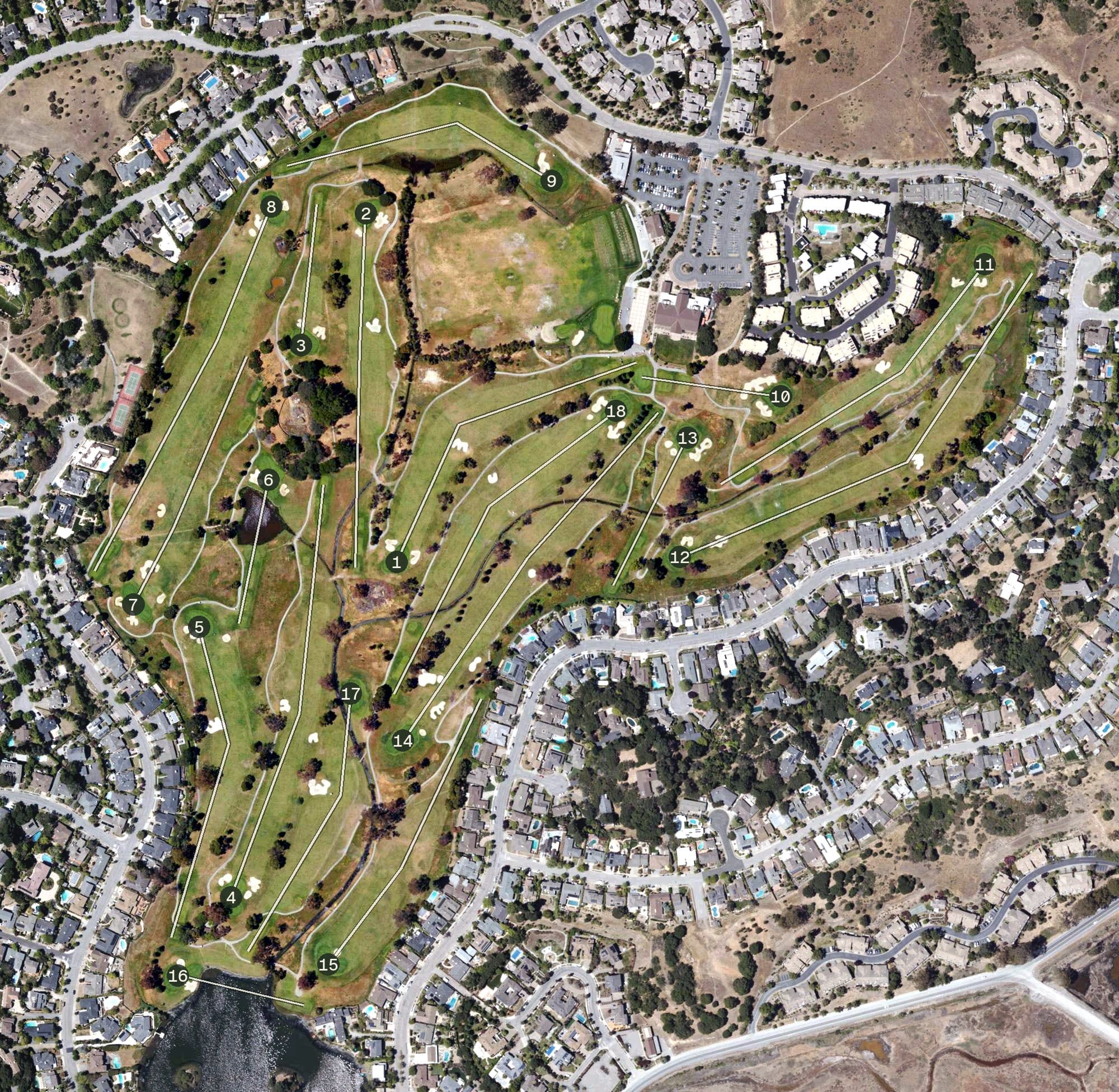 Aerial view of Peacock Gap Golf Country Club, CA, with its hole routing marked