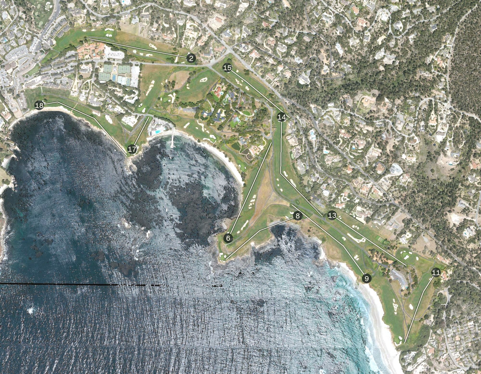 Aerial view of Pebble Beach Golf Course, CA, with its hole routing marked