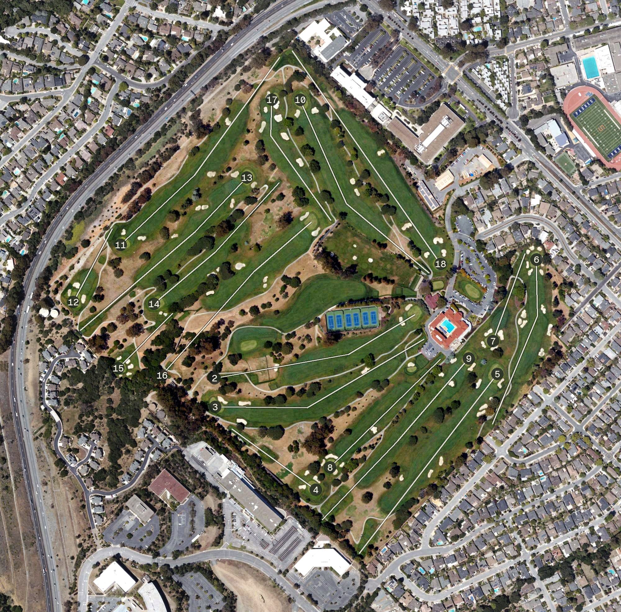 Aerial view of Peninsula Golf and Country Club, CA, with its hole routing marked