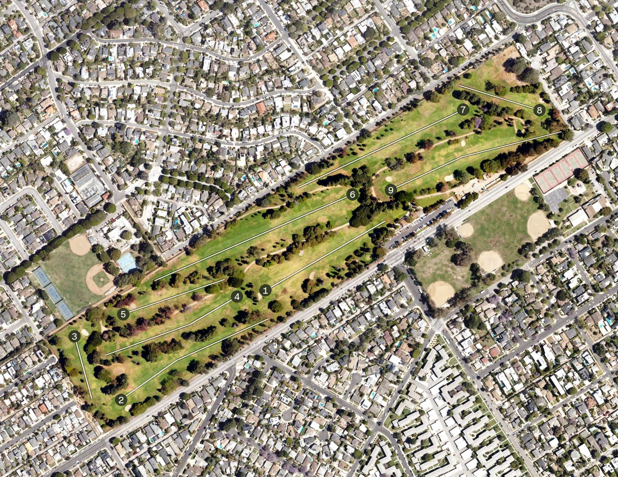 Aerial view of Penmar Municipal Golf Course, CA, with its hole routing marked