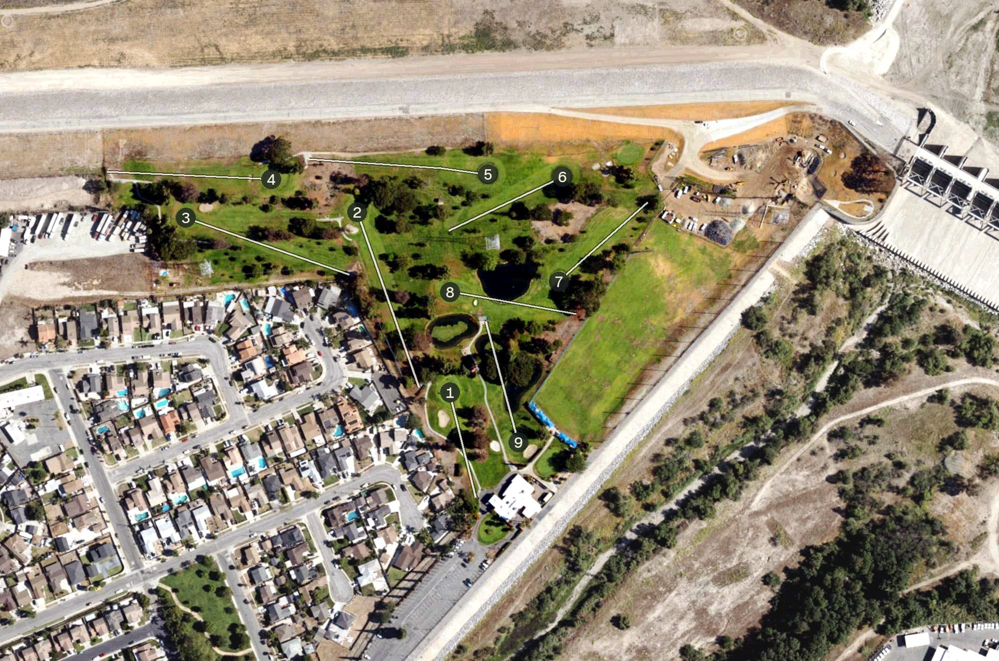 Aerial view of Pico Rivera Golf Club, CA, with its hole routing marked