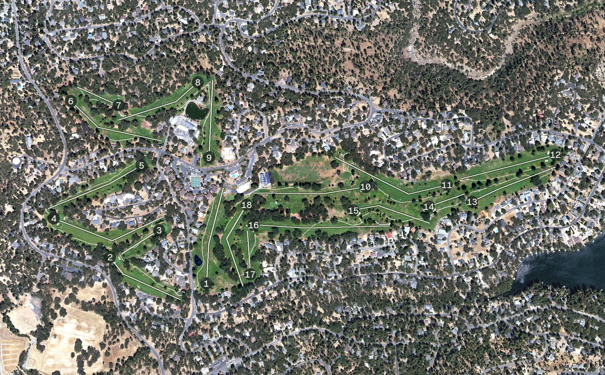 Aerial view of Pine Mountain Lake Golf Course, CA, with its hole routing marked