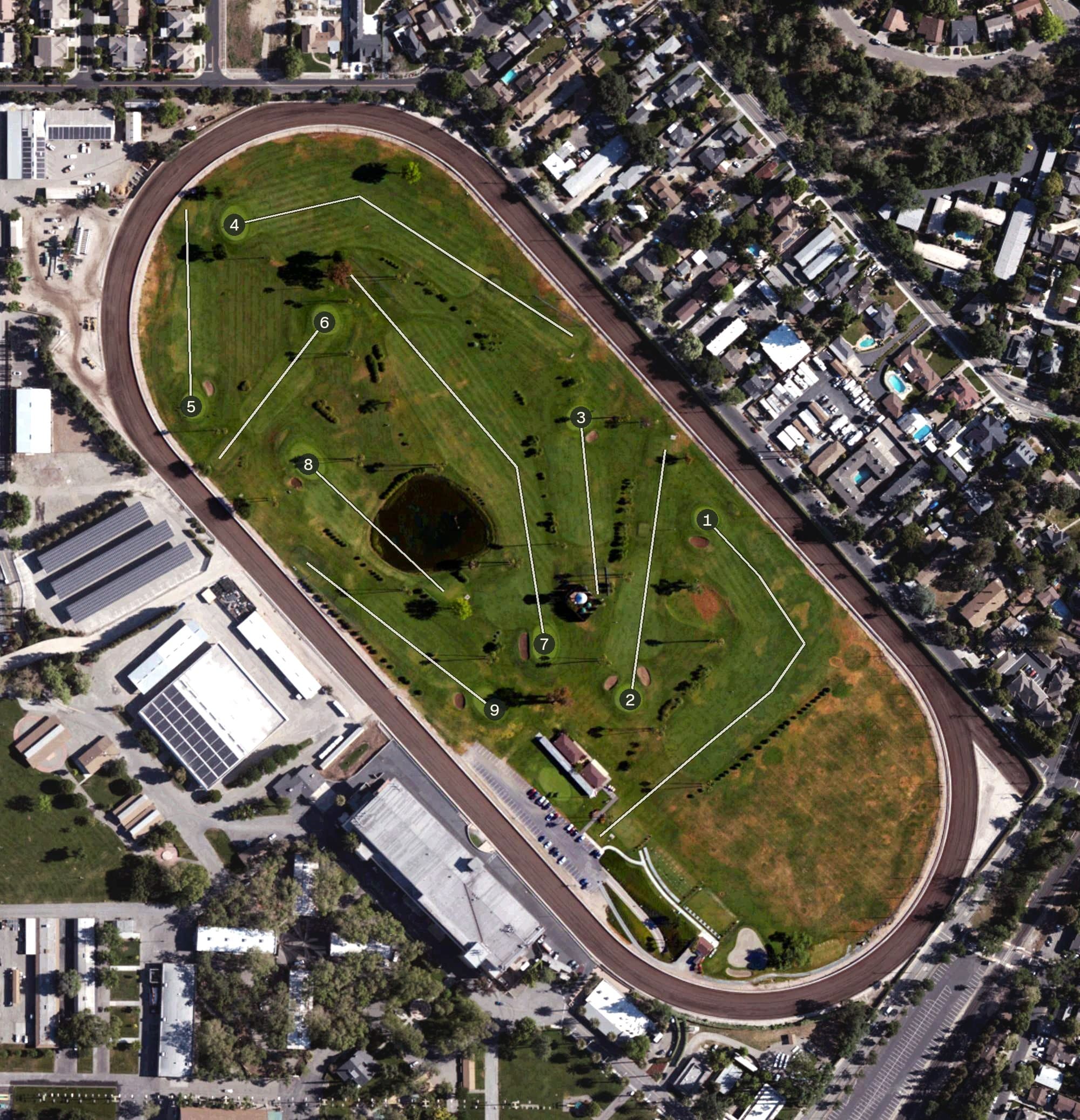 Aerial view of Pleasanton Golf Center, CA, with its hole routing marked