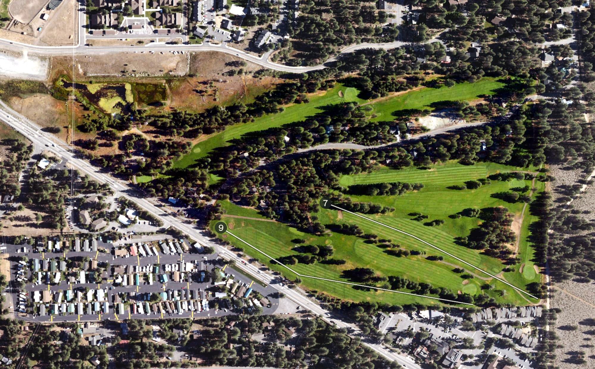 Aerial view of Ponderosa Golf Course, CA, with its hole routing marked