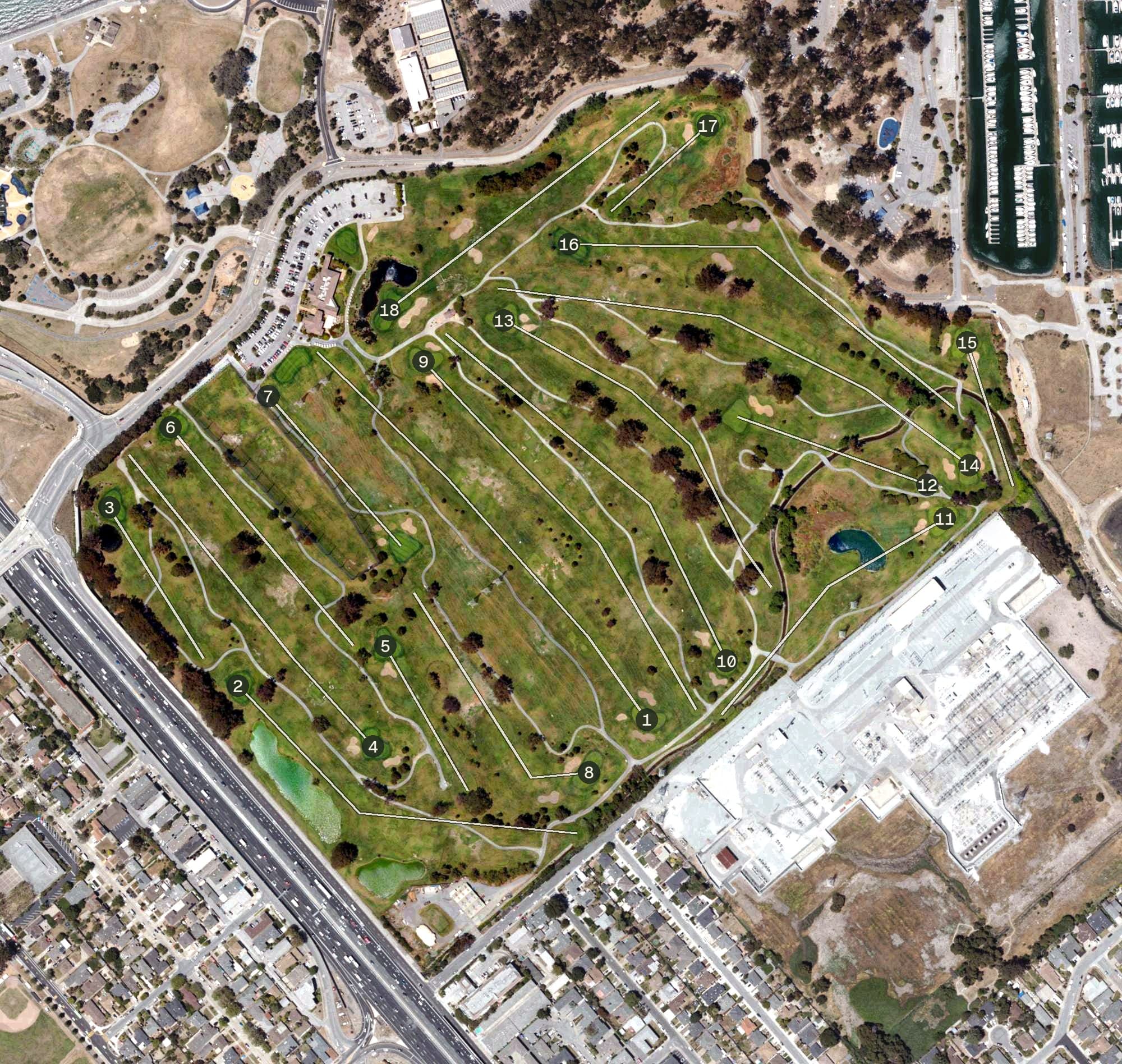 Aerial view of Poplar Creek Golf Course, CA, with its hole routing marked