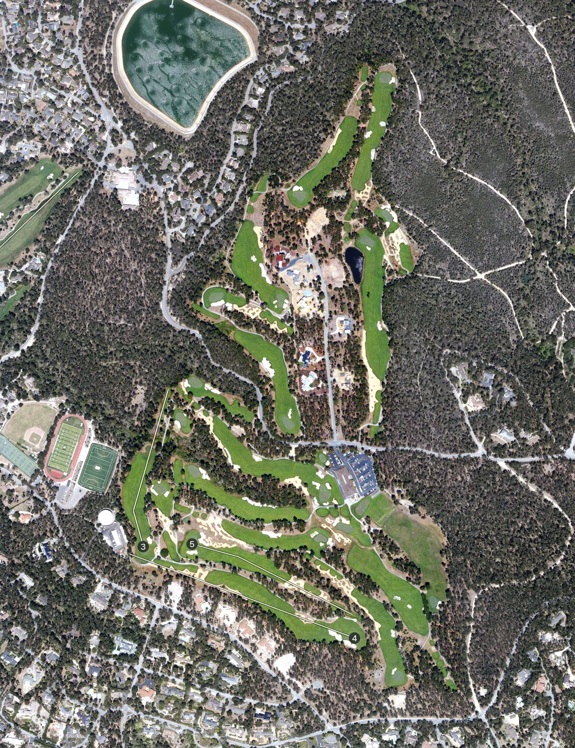 Aerial view of Poppy Hills Golf Course, CA, with its hole routing marked