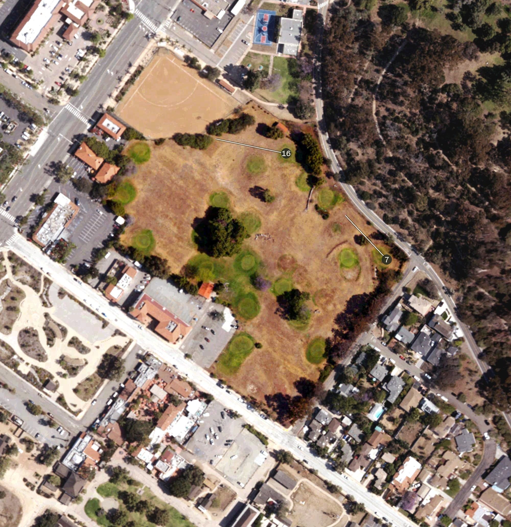 Aerial view of Presidio Hills Golf Course, CA, with its hole routing marked