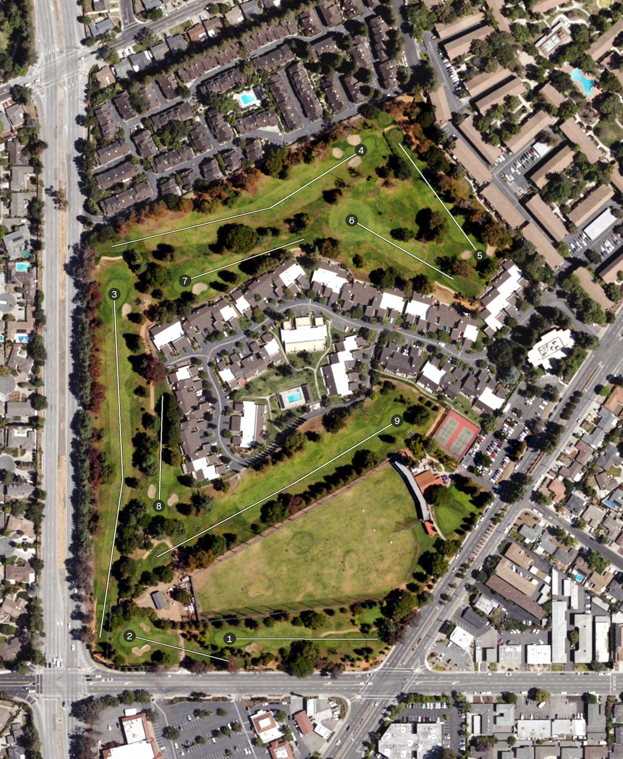 Aerial view of Pruneridge Golf Club, CA, with its hole routing marked