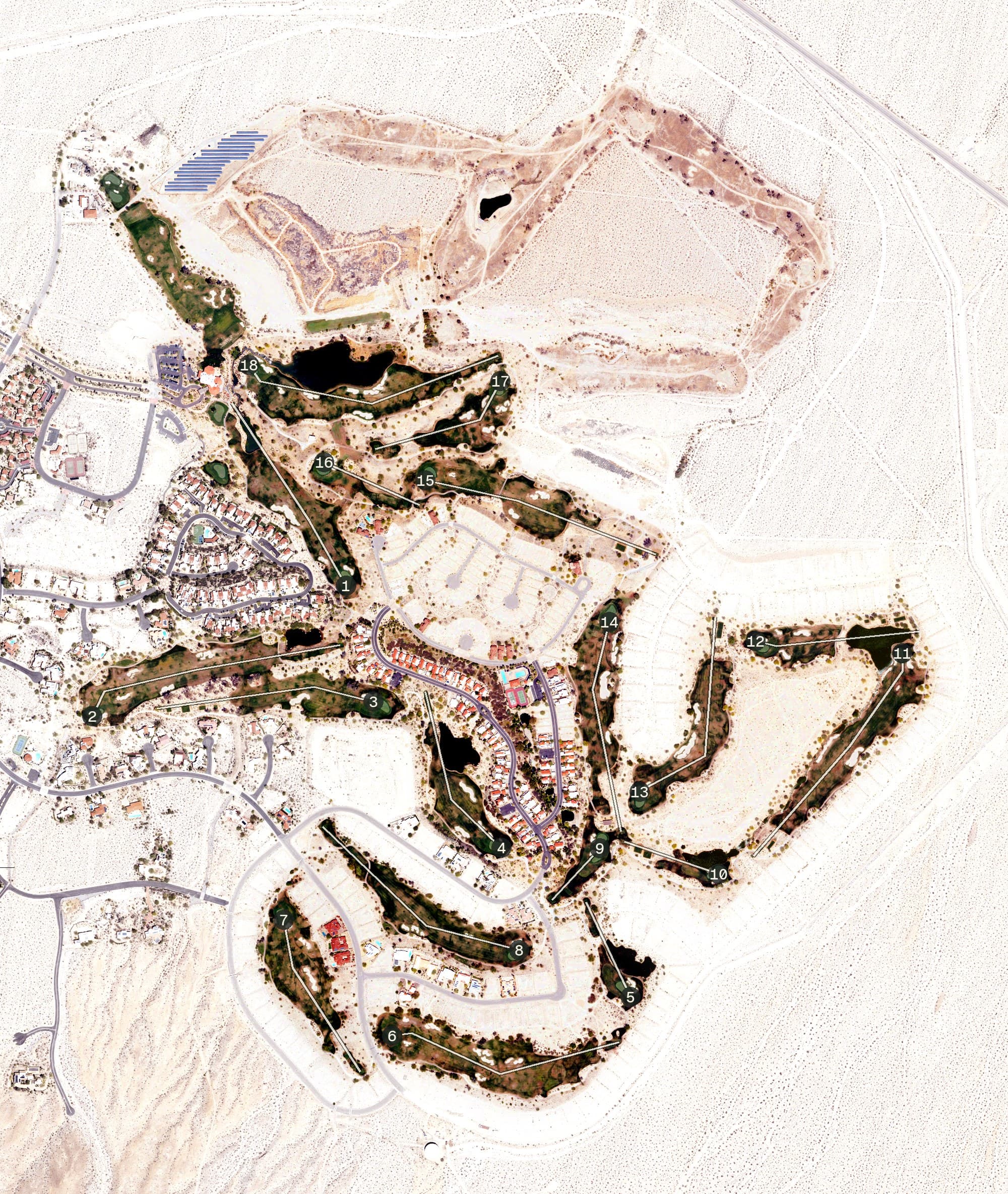 Aerial view of Rams Hill Golf Club, CA, with its hole routing marked