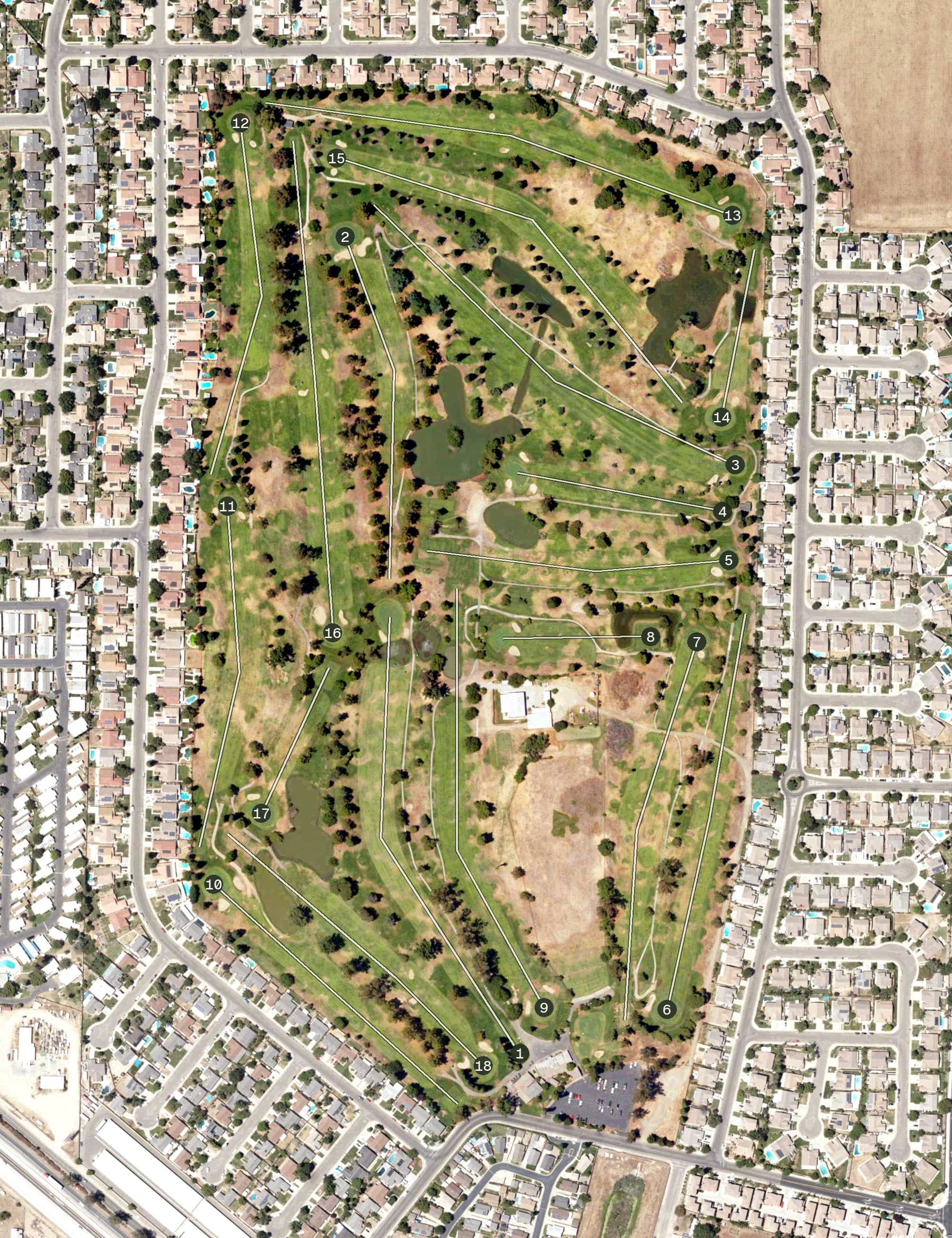 Aerial view of Rancho del Rey Golf Course, CA, with its hole routing marked