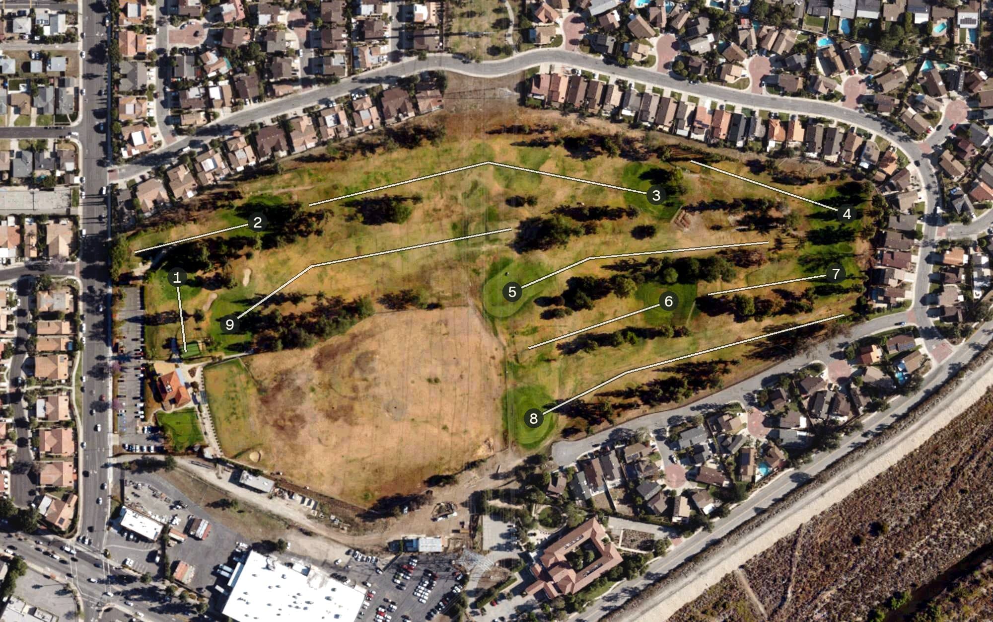Aerial view of Rancho Duarte Golf Course, CA, with its hole routing marked