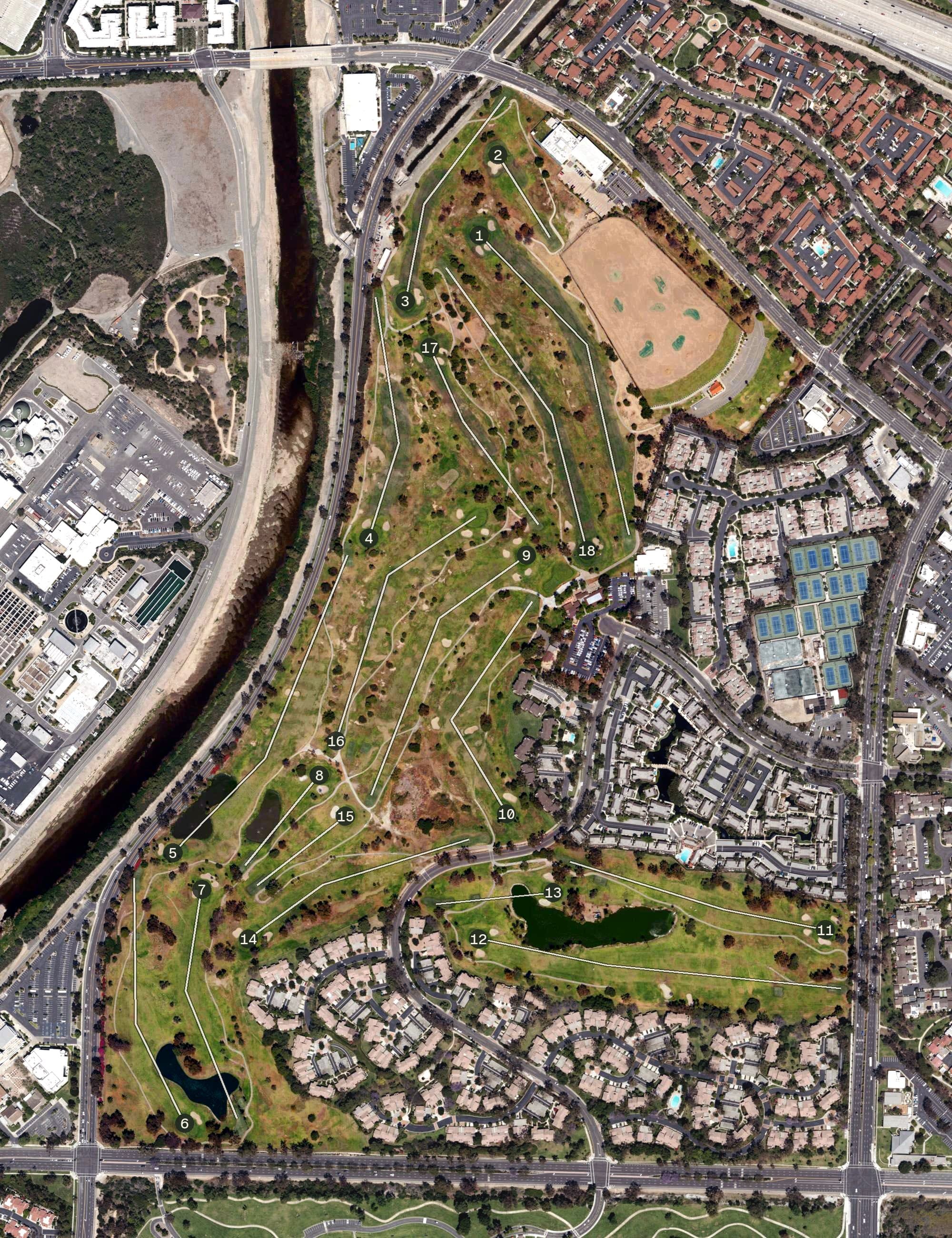 Aerial view of Rancho Irvine Golf Course, CA, with its hole routing marked
